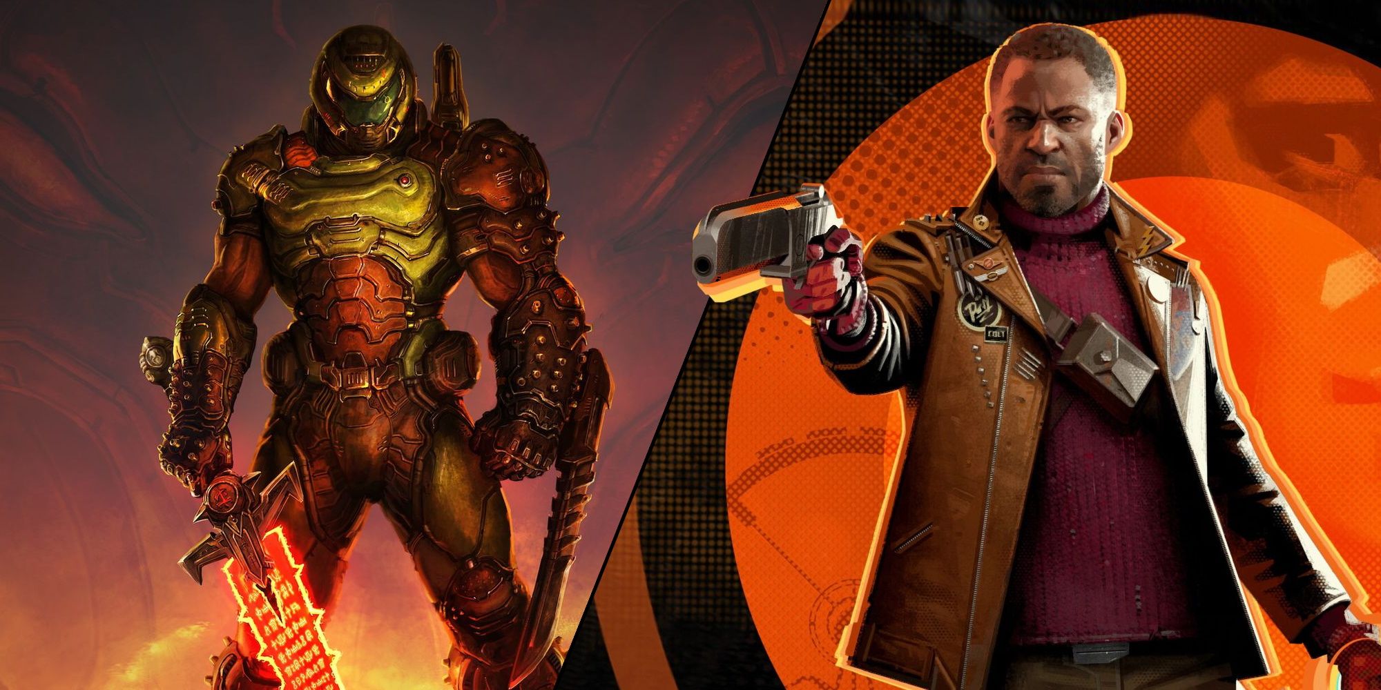 Split image featuring the Doom Slayer from Doom Eternal and Colt from Deathloop