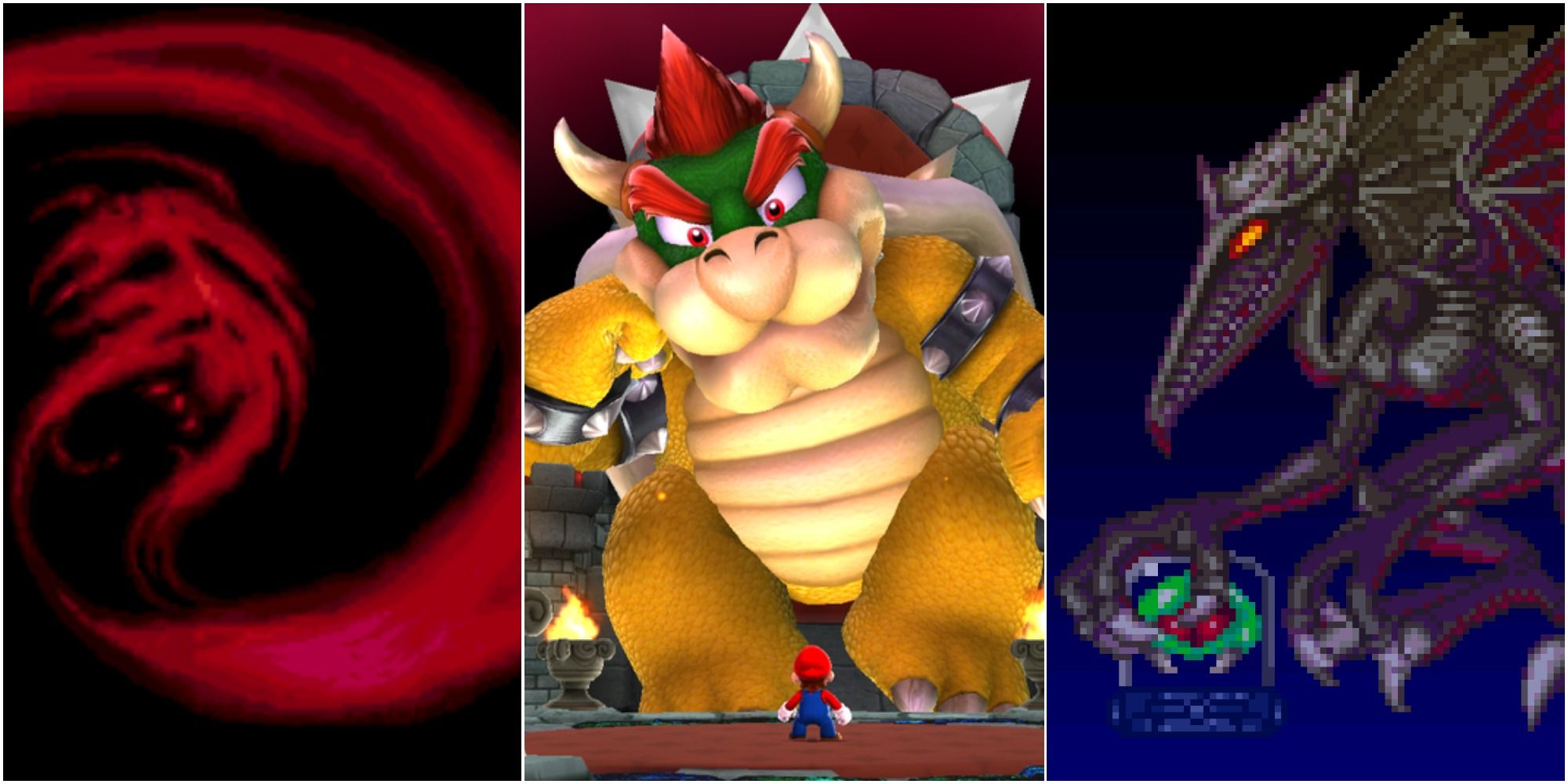 Split image screenshots of Giygas from EarthBound, Bowser from Mario and Ridley from Metroid.