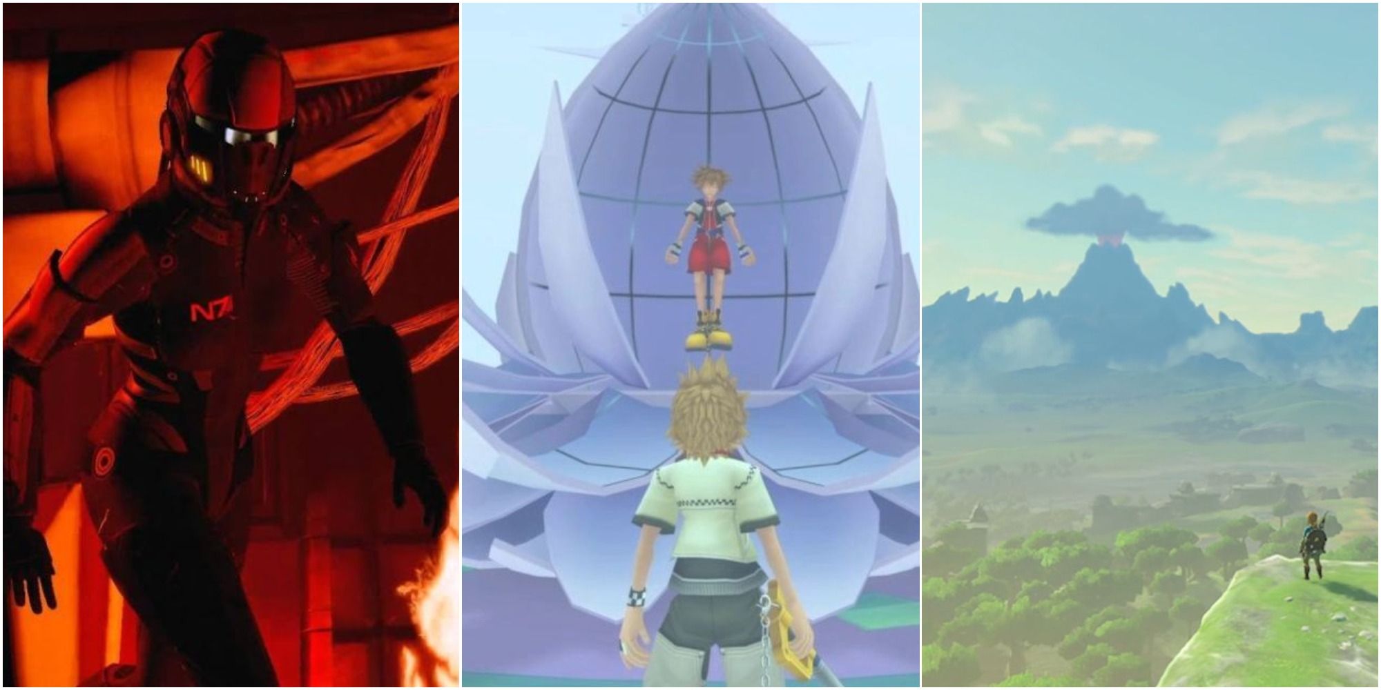 Shepard running in the burning Normandy, Roxas looking at Sora in a flower-like machine, and Link overlooking the landscape of Hyrule, left to right