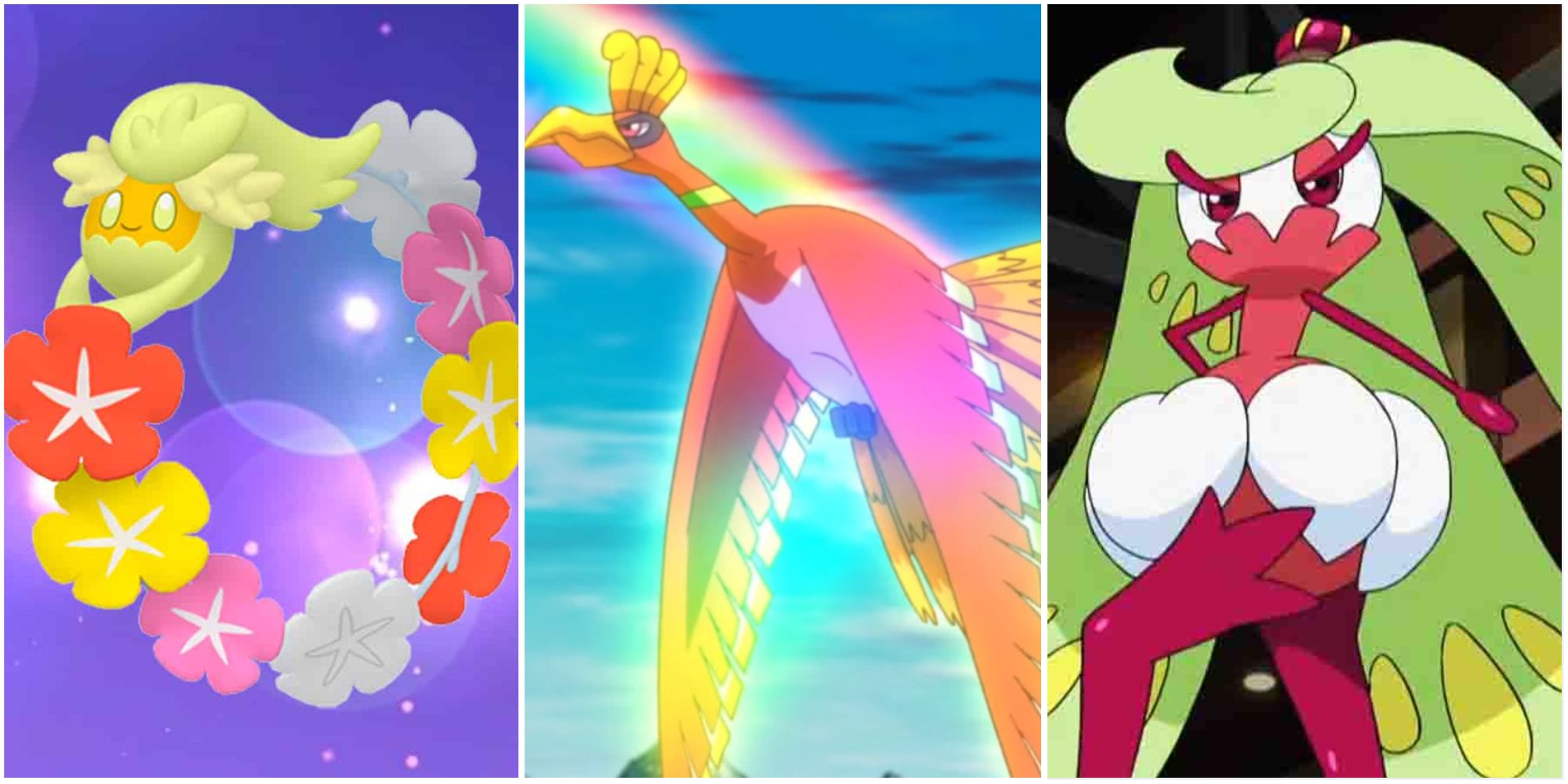 Best Rainbow Pokemon: Ho-Oh, Comfey, and Tsareena.