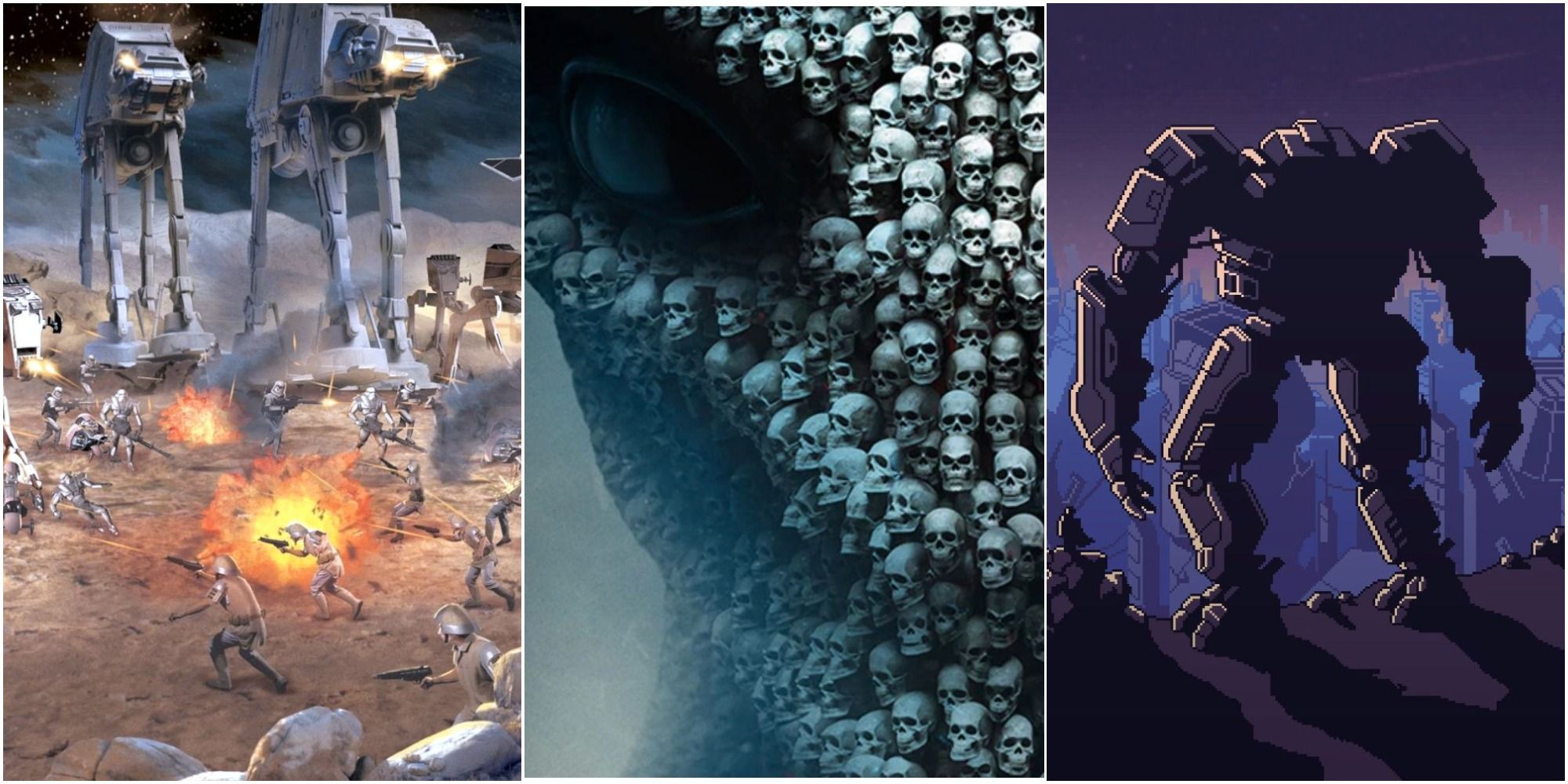 Artwork for Star Wars Empire at war of AT-ATs attacking rebels, the xcom 2 cover of an alien head made from skulls, and a mech from Into The Breach standing over a cliff, left to right