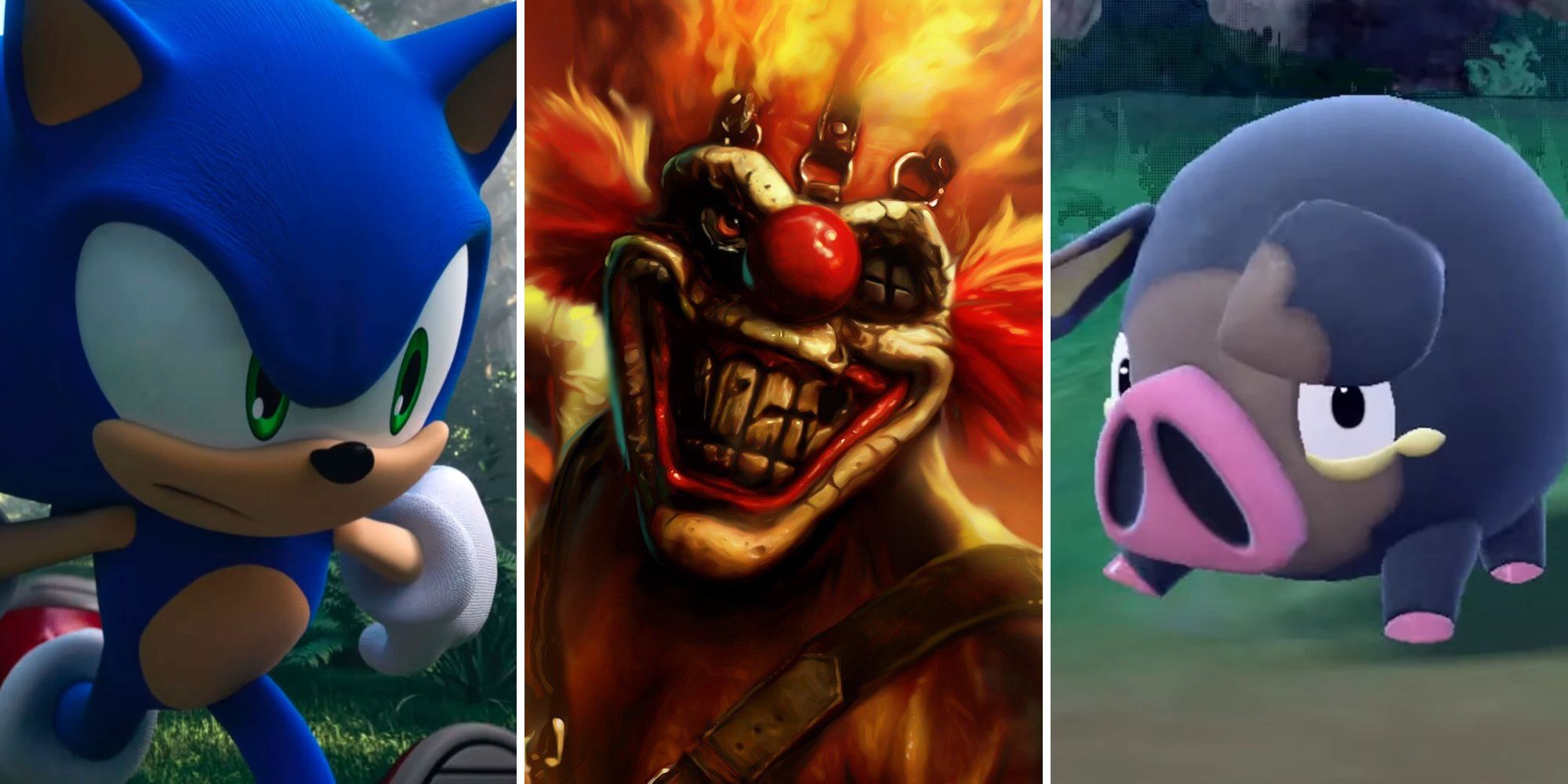 Sonic, Sweet Tooth from Twisted Metal, and Lechonk from Pokemon Scarlet and Violet