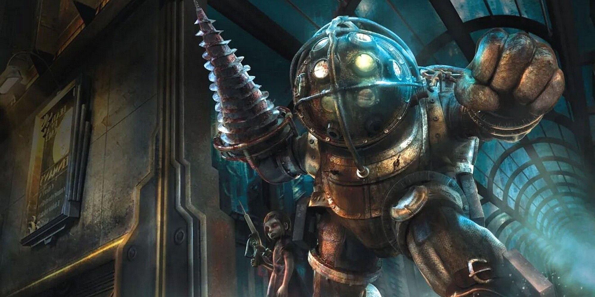 Big Daddy and Little Sister in Rapture from BioShock