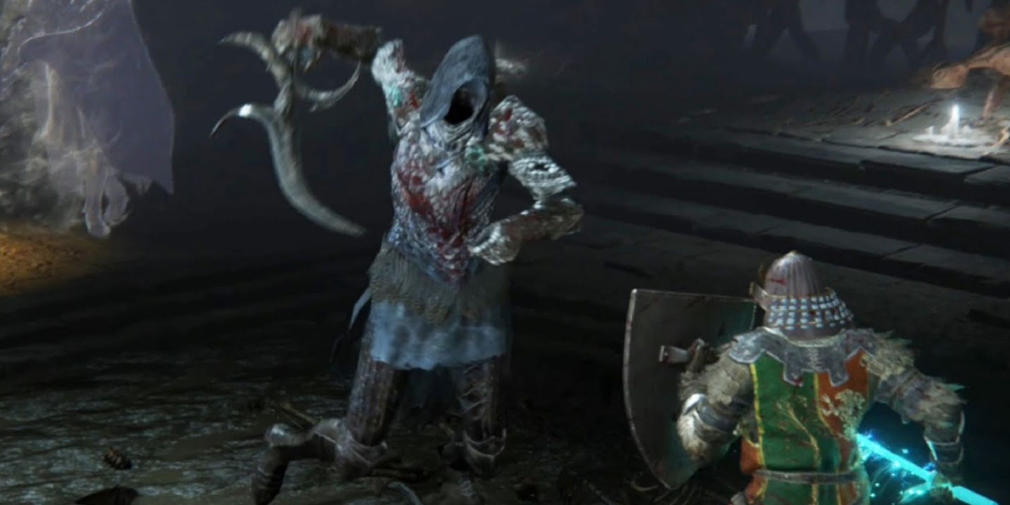 a Black Knife assassin Jumping to attack a tarnished in elden ring