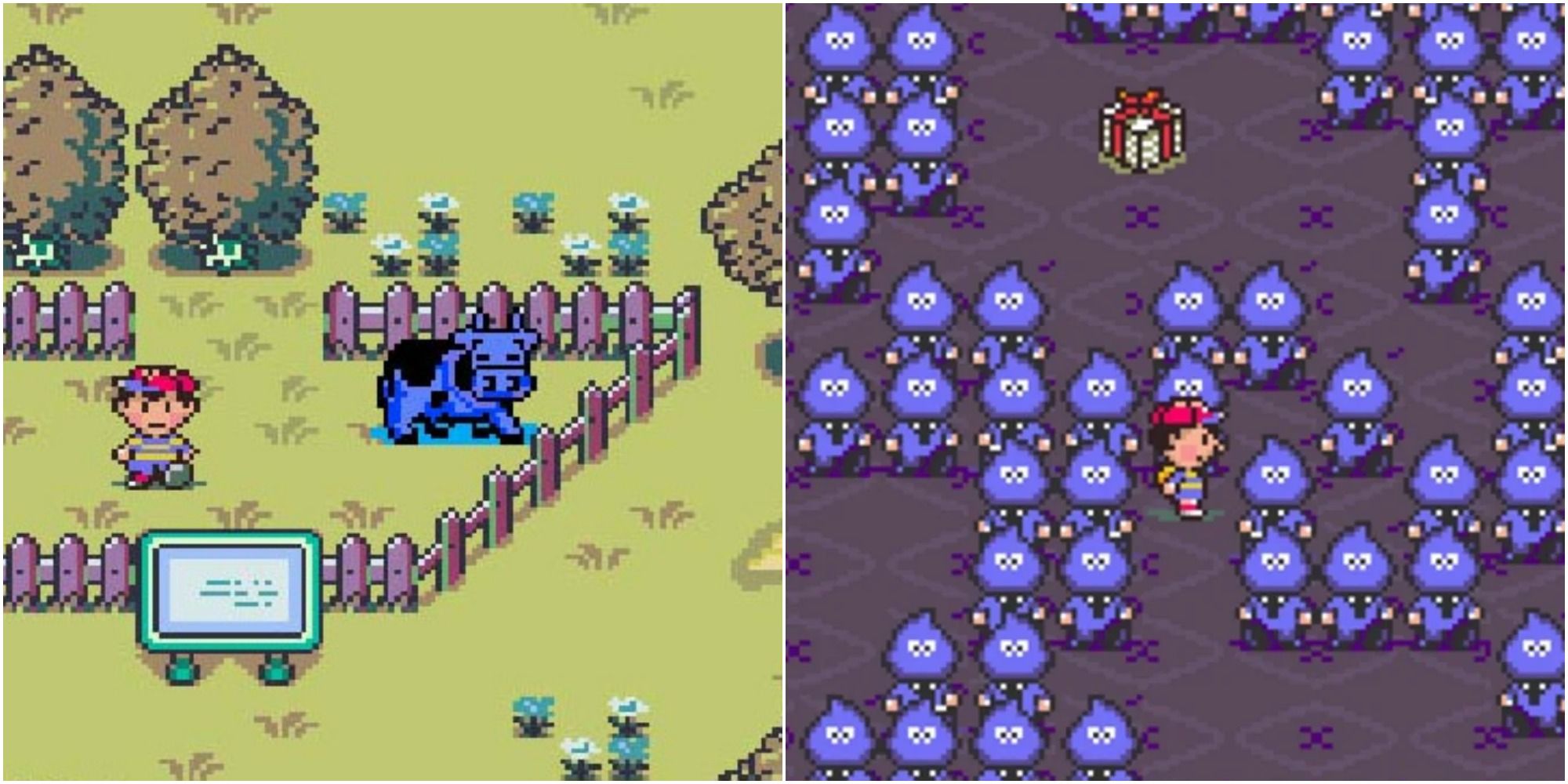 Split image screenshots of the Blue Cow and Happy Happyism cult members in EarthBound.