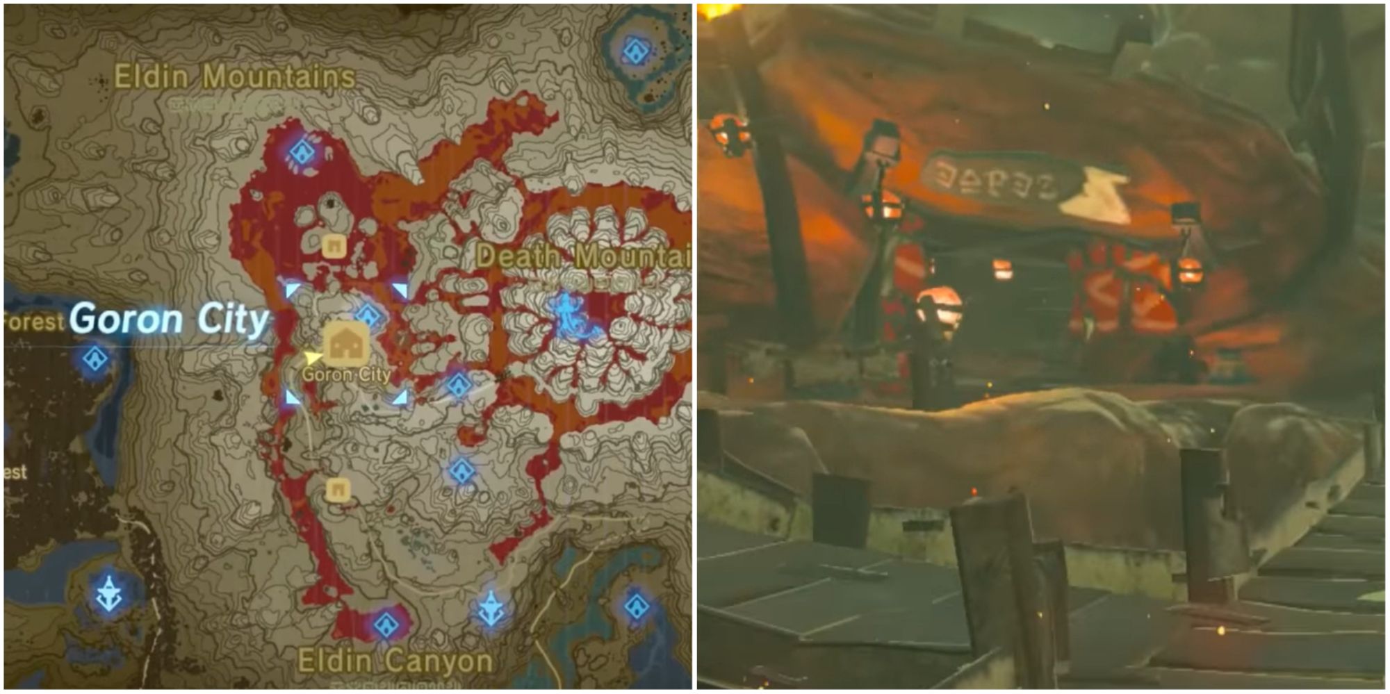 Legend Of Zelda Breath Of The Wild Split Image Showing Goron City Location