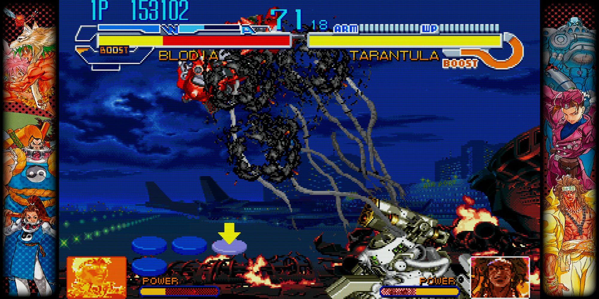 Jin must mash one of four buttons to avoid damage after Blodia gets thrown by Santana's mech, Tarantula, in Cyberbots. Capcom Fighting Collection.