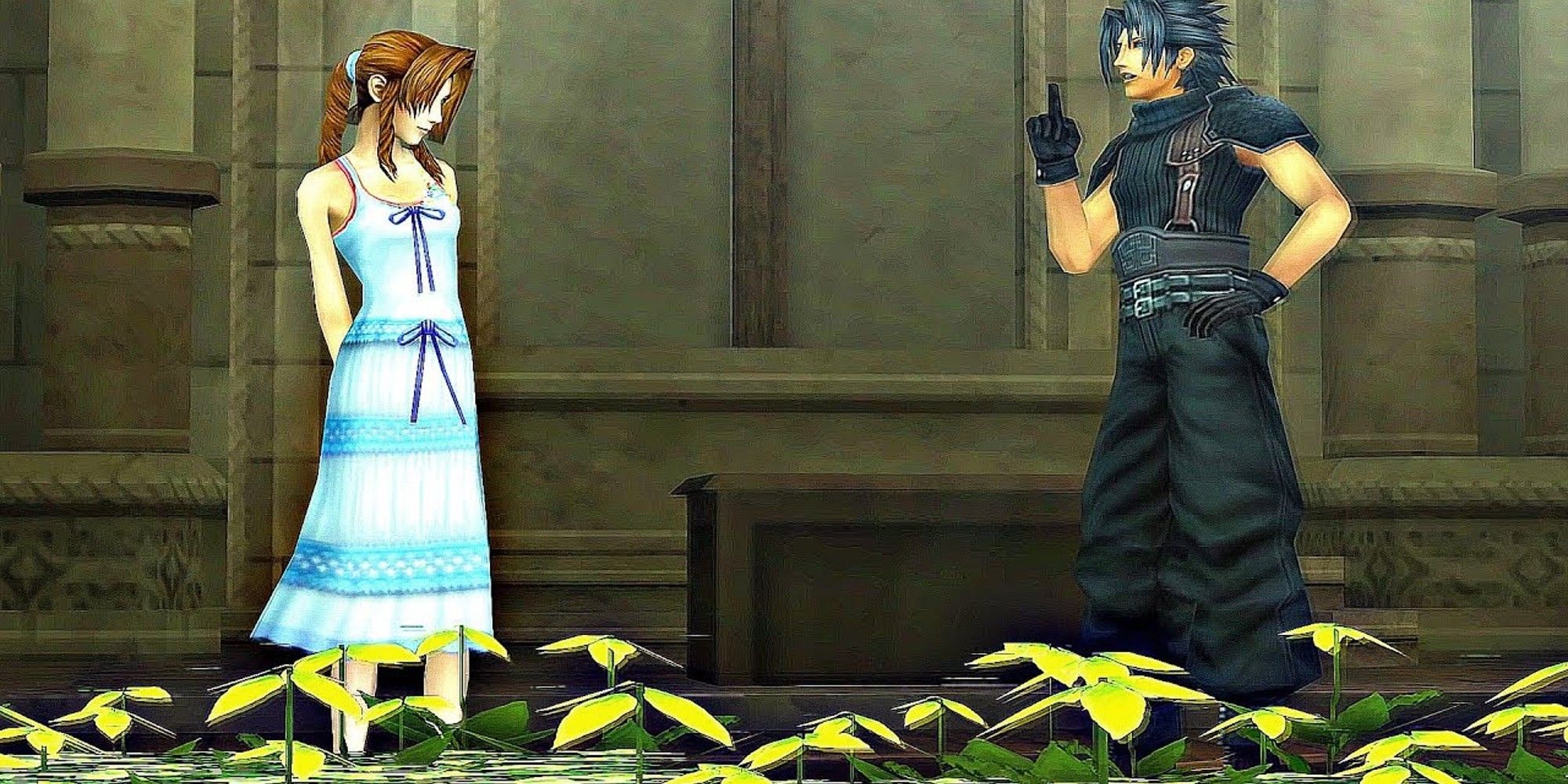 CCFF7 Zack Aerith talking while standing in flowers