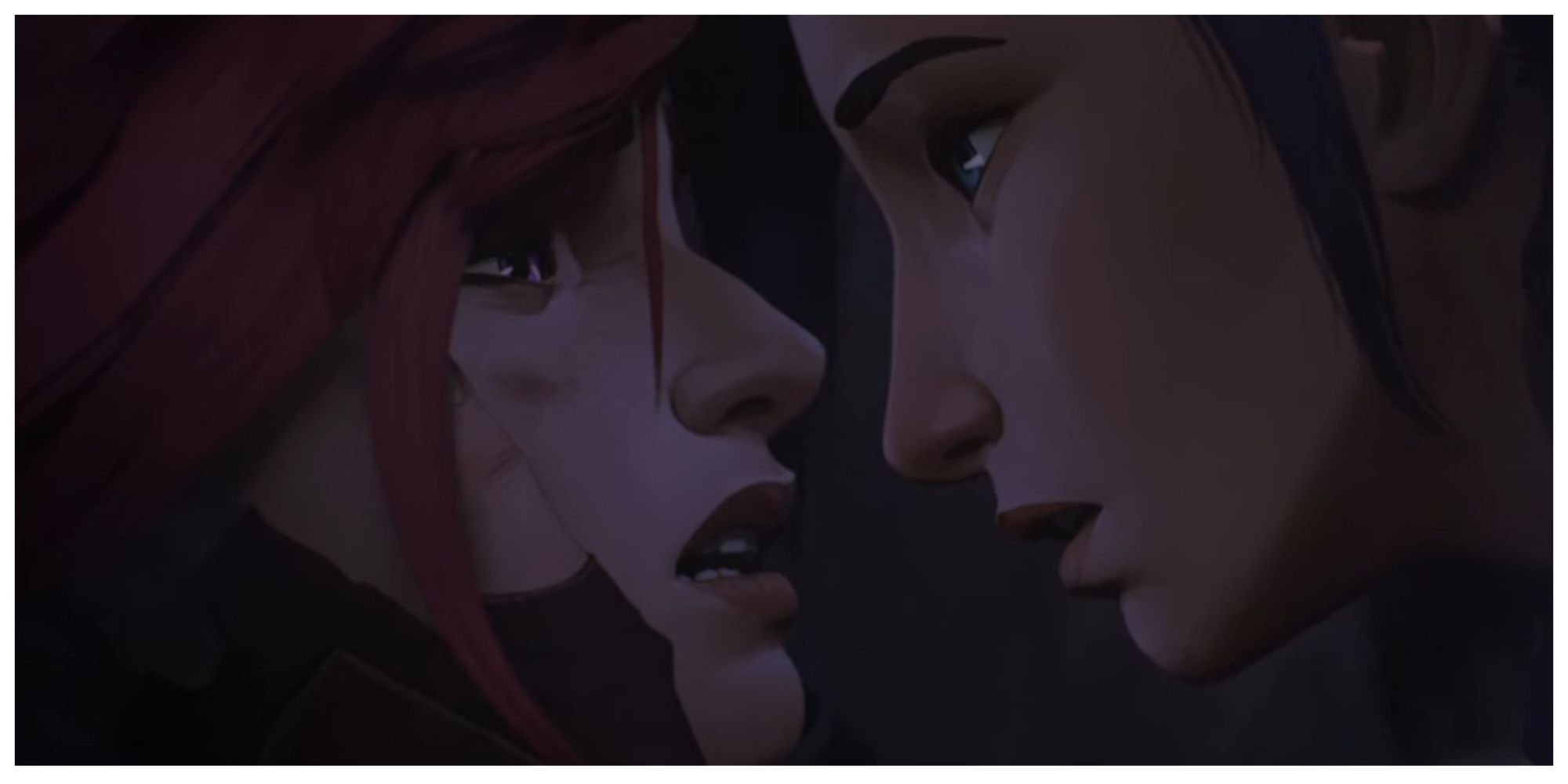 Vi crying while Caitlyn comfortingly holds her cheek with one of her hands their faces close enough to potentially kiss