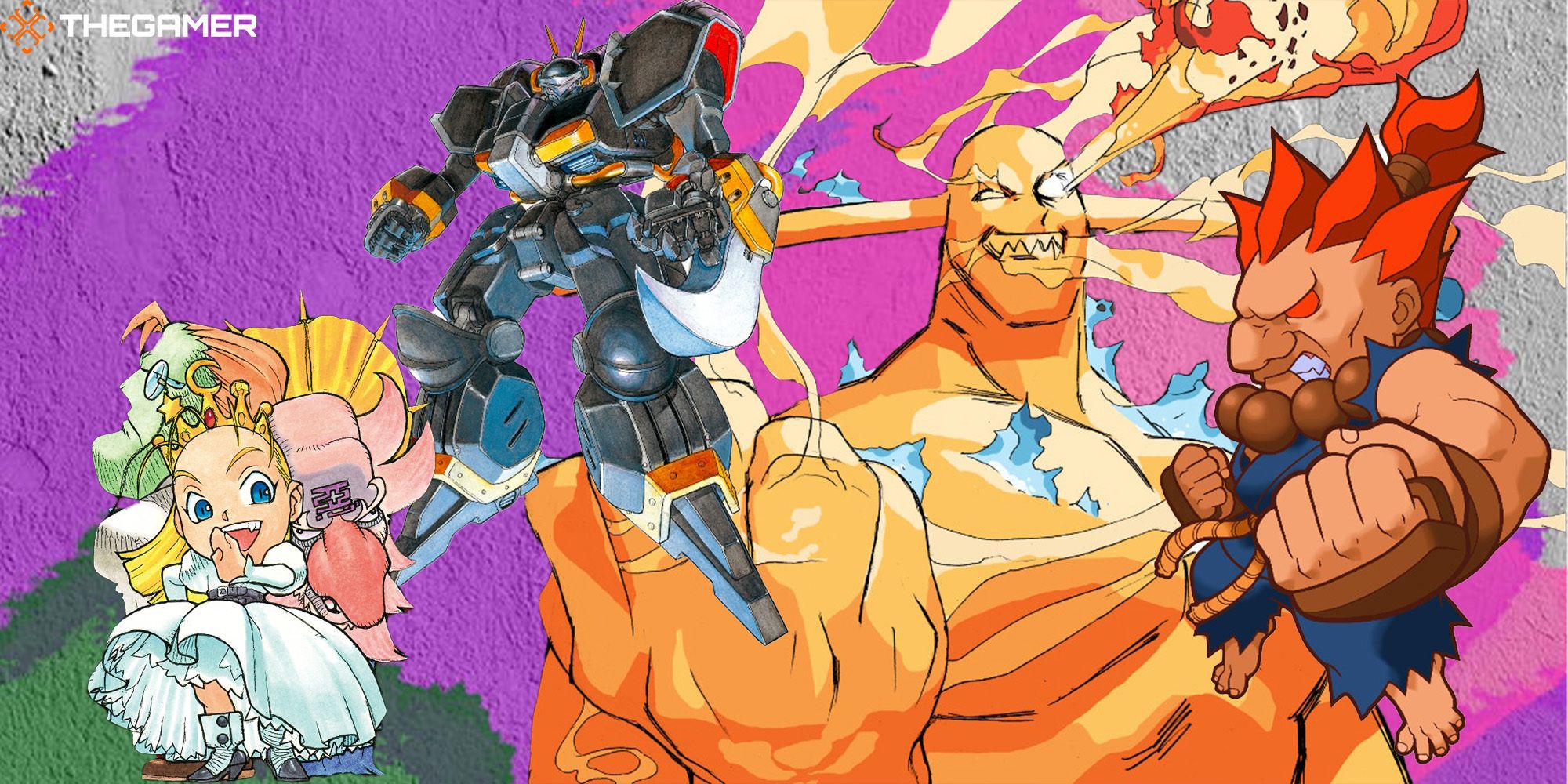 Several secret characters from Capcom Fighting Collection, like Devilot, Warlock, Pyron, and Akuma, stand against a concrete wall adorned with neon spray paint.