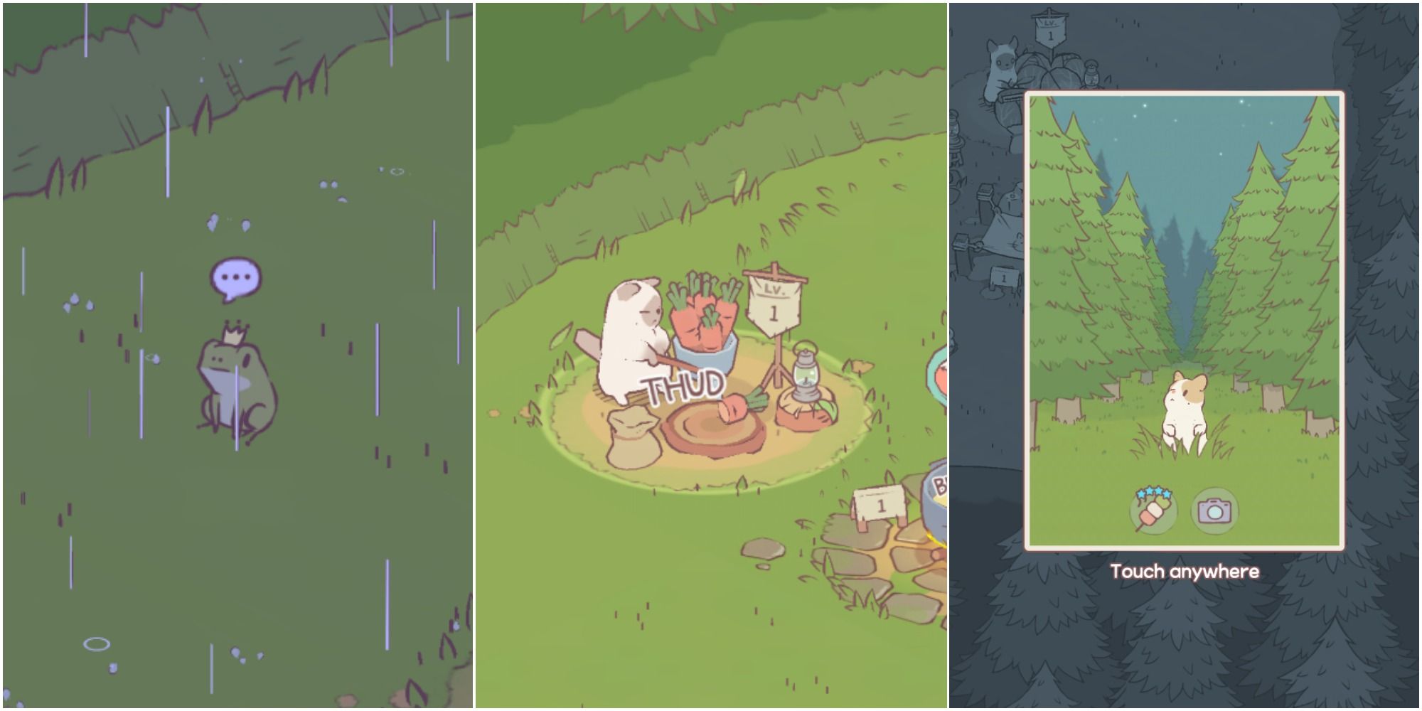 Split image of Frog Prince in raid, a cat chopping carrots at level 1 station, and ginger cat sitting in woods at night
