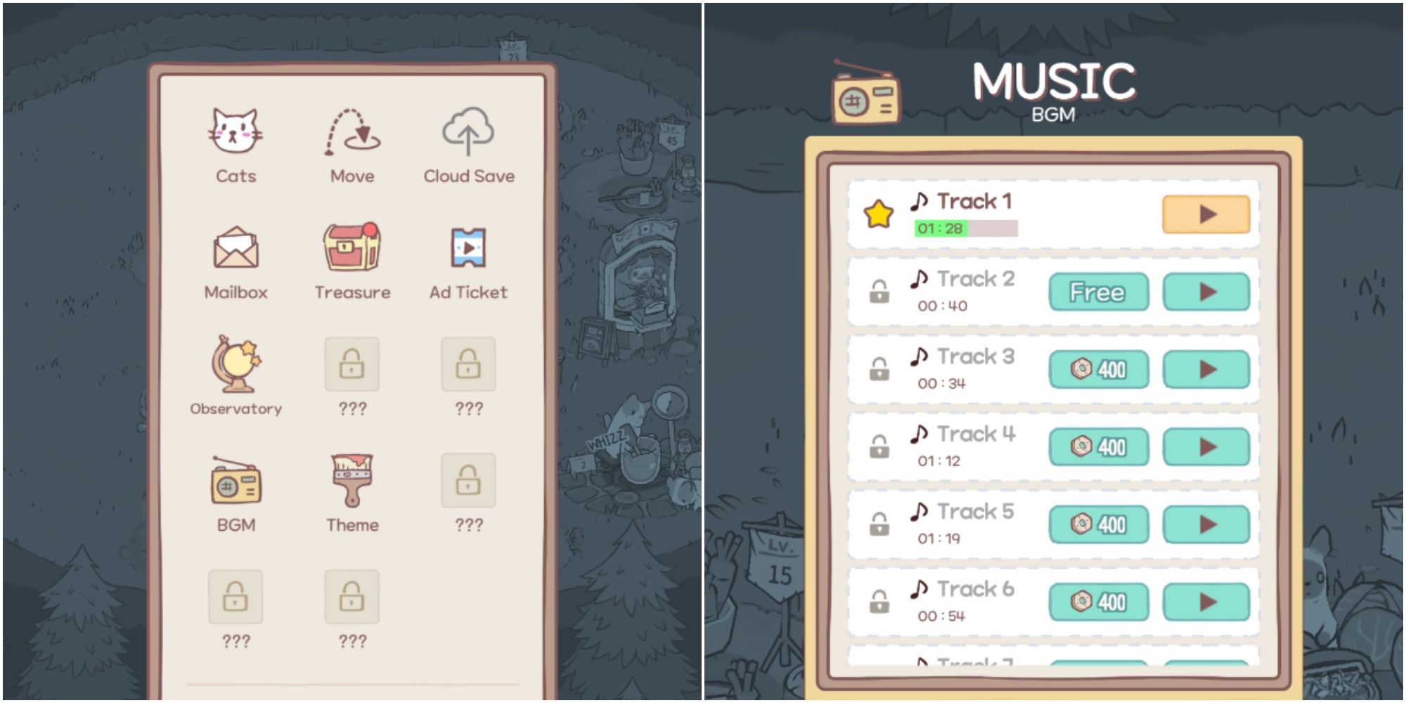 Split image of Cats & Soup menu and Music player menu