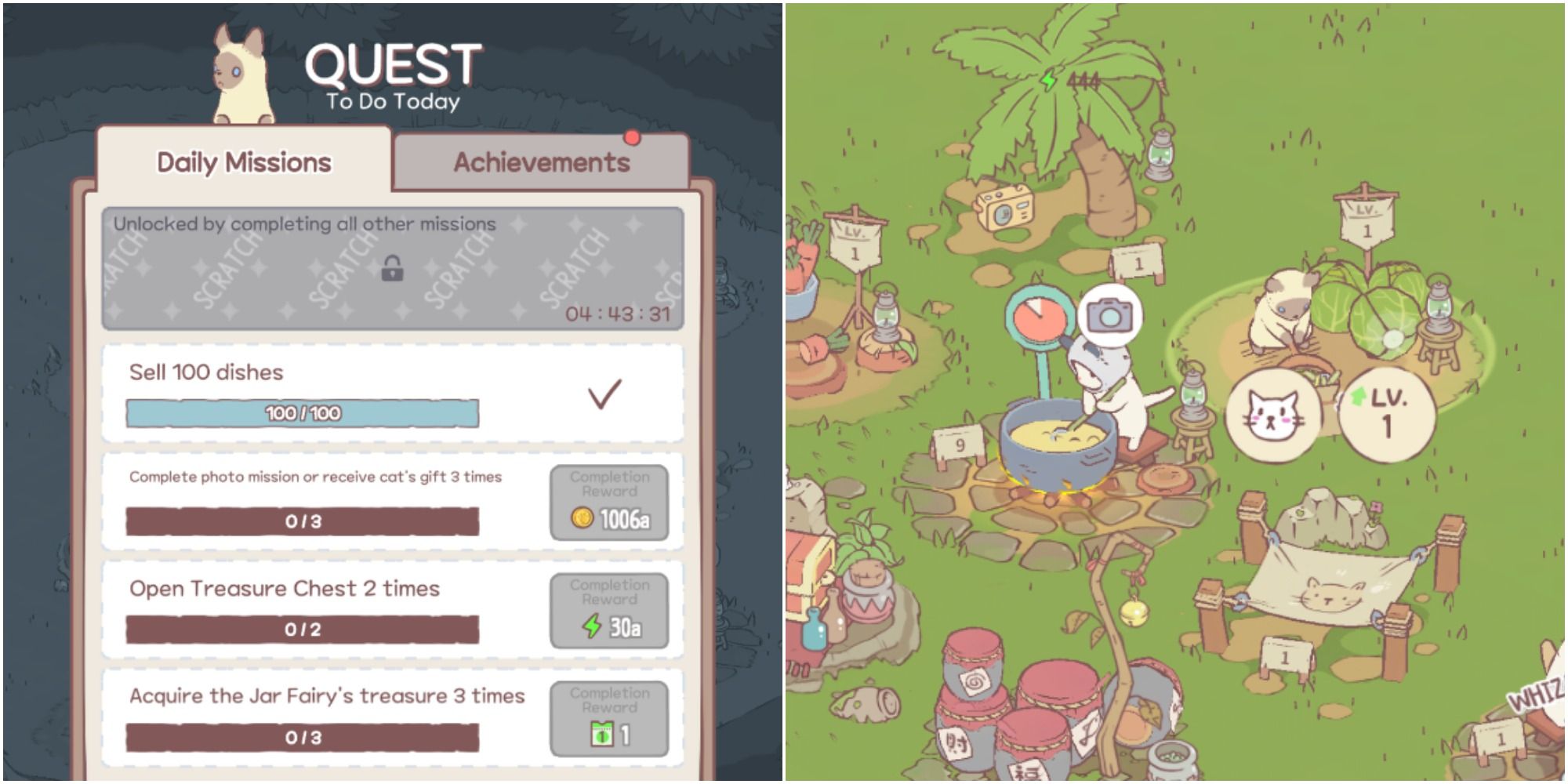 Split image of Quest menu and the cats making soup in the woods