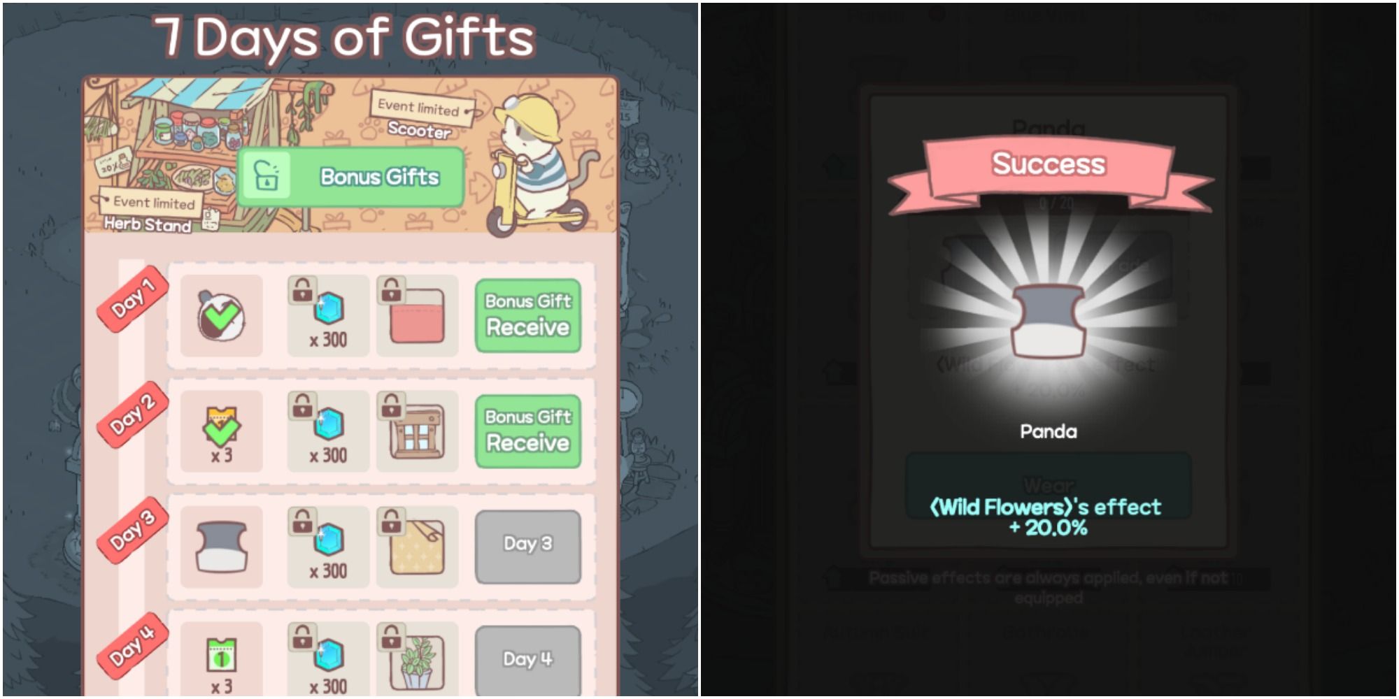 Split image of 7 Days of Gifts menu and successfully unlocking panda outfit