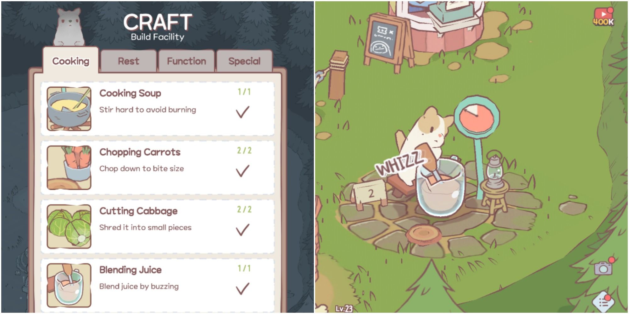 Split image of crafting menu and cat blending juice in a pitcher