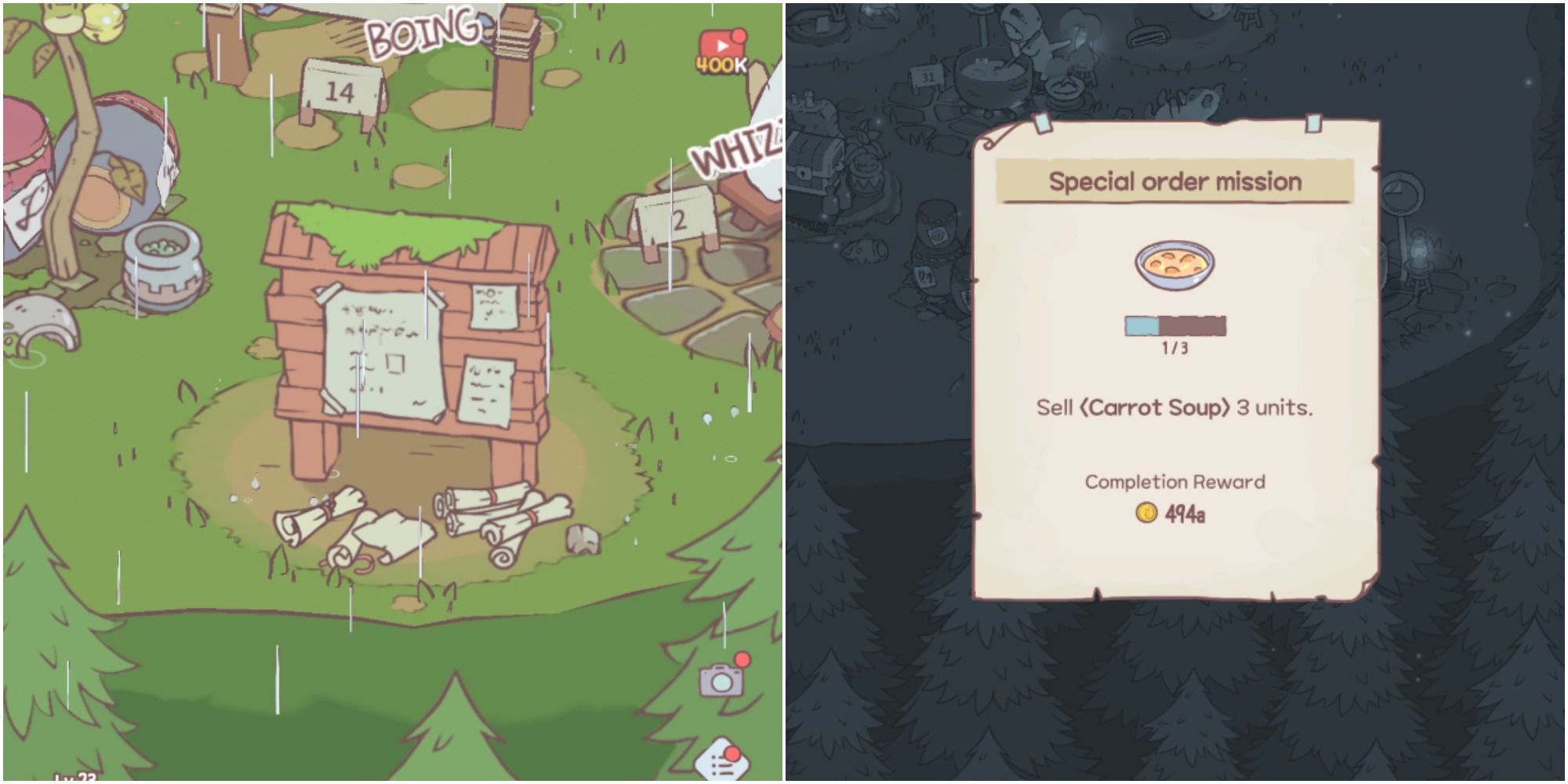 Split image of bulletin board in the rain and a special order mission page for carrot soup