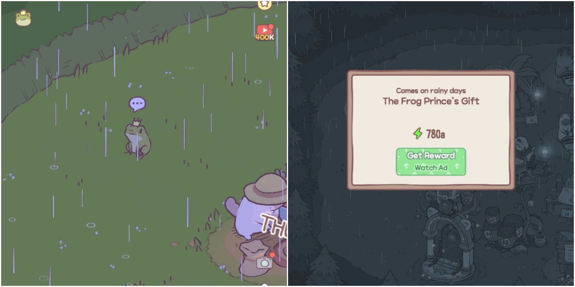 Split image of Frog Prince in the rain and a menu with Frog Prince's gfit