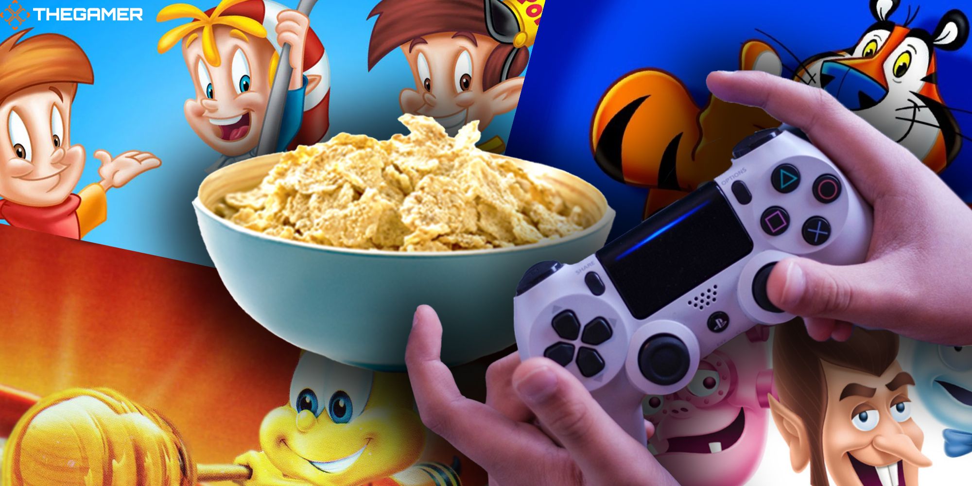A Dualshock 4 controller in front of a bowl of cereal and various mascots, like Snap, Crackle, Pop, Buzz The Bee, Tony The Tiger, Franken-Berry, Count Chocula, and Boo-Berry.