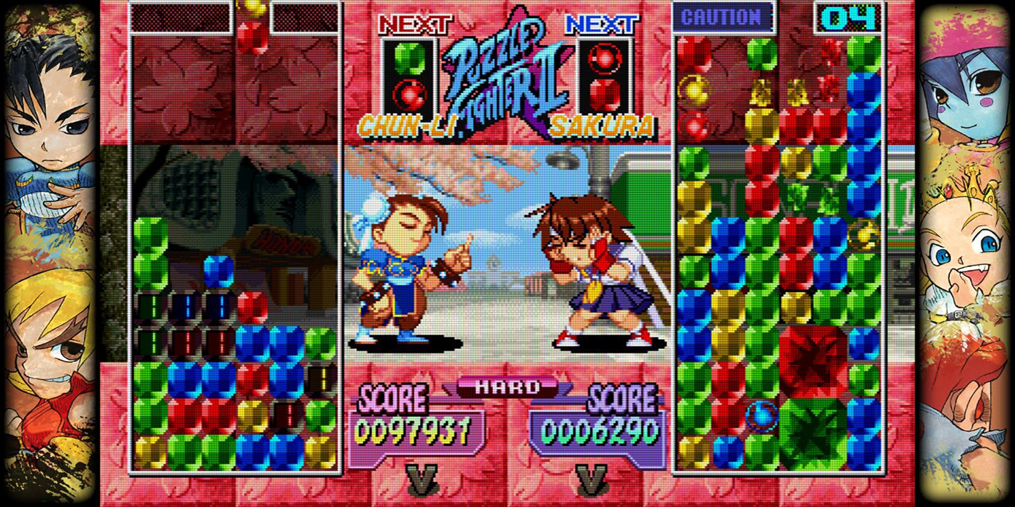 Chun-li overwhelms Sakura using simple attacks during a battle in a shopping center in Super Puzzle Fighter 2 Turbo, a game in Capcom Fighting Collection.