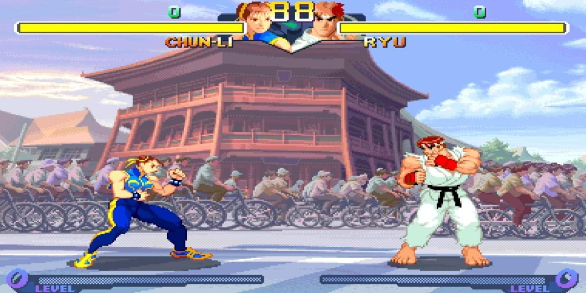 Cyclists pass behind Chun-li and Ryu on a busy street in China in Street Fighter Alpha 2.