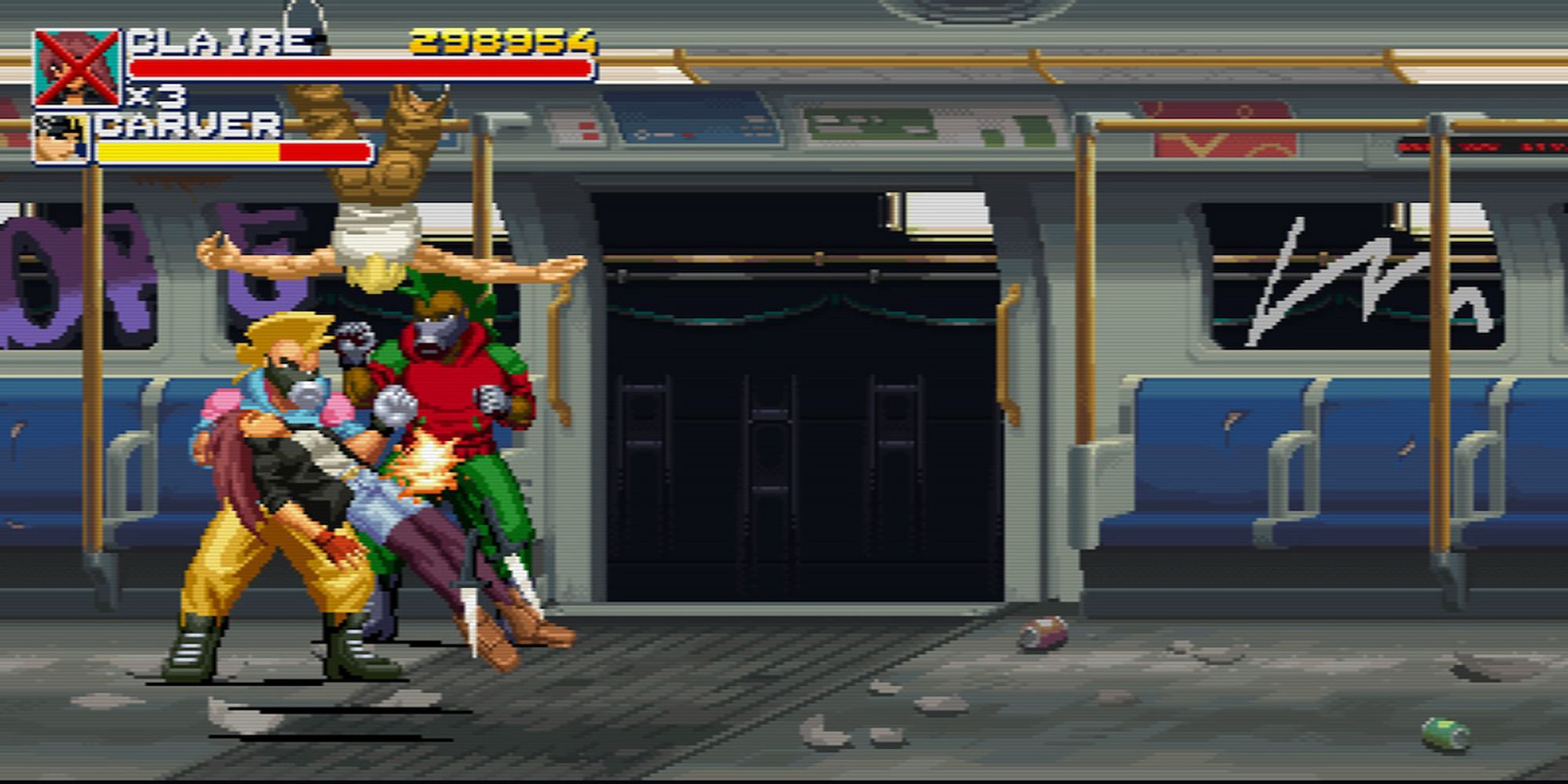 Claire Gets pummeled by opponents in a subway car in Final Vendetta.