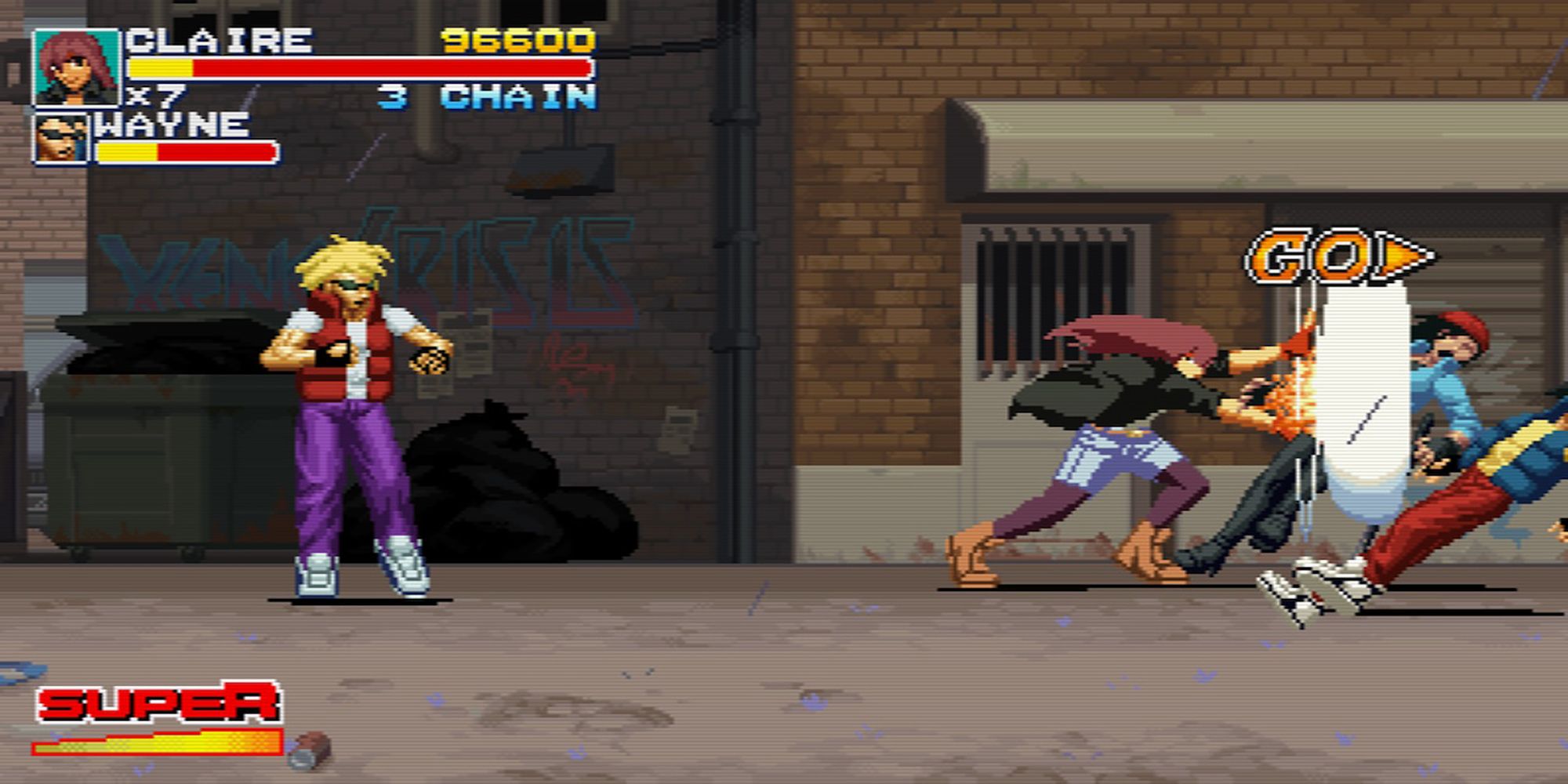 Claire knocks down Wayne and Vixen with an energy blast on the streets in Final Vendetta.