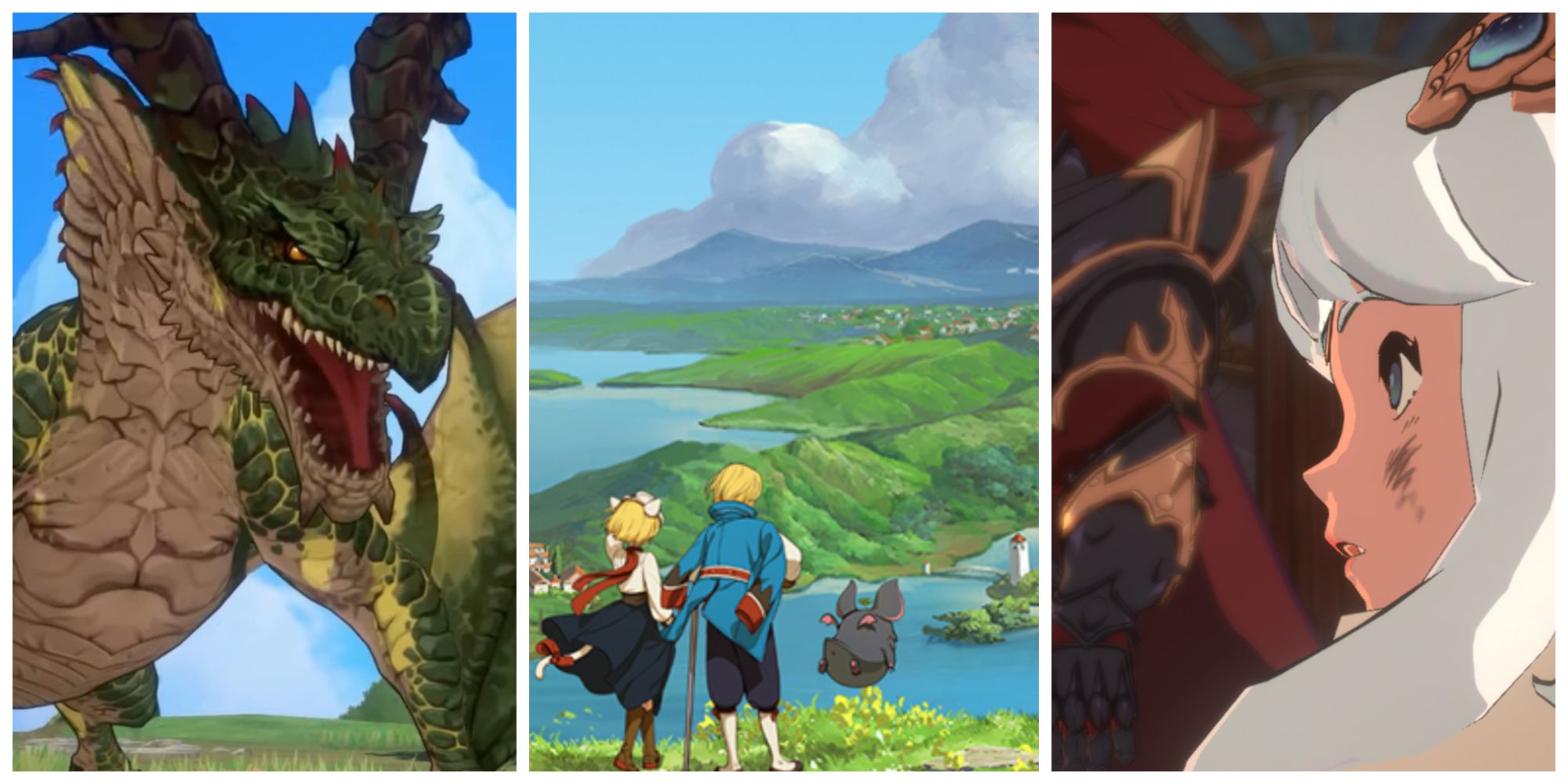 Ni No Kuni Cross Worlds Title Collage Dragon left adventurers looking at castle middle queen on right
