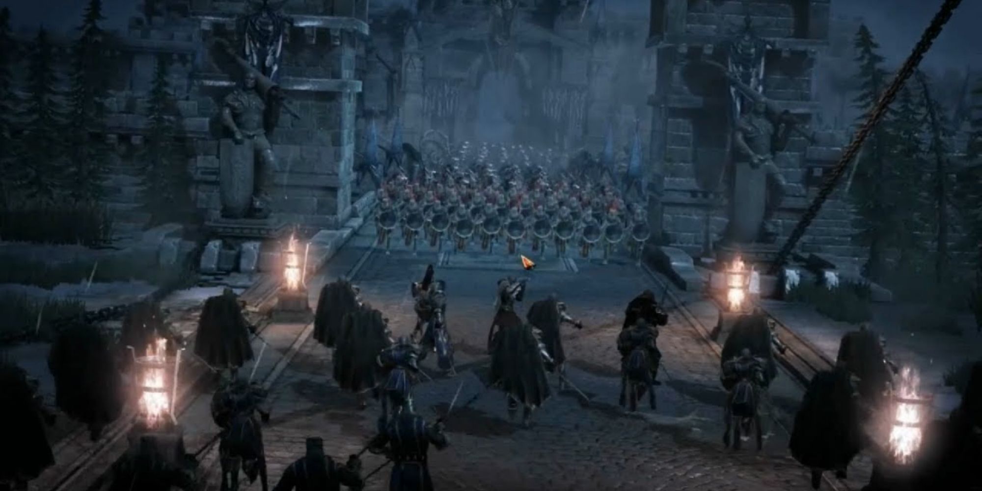 Soldiers charge the gates of the Glorious Wall to collide with an army