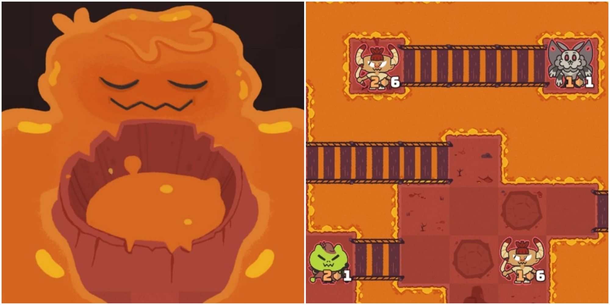 Floppy Knights Volcano Crusher collage of lava monster and challenge map
