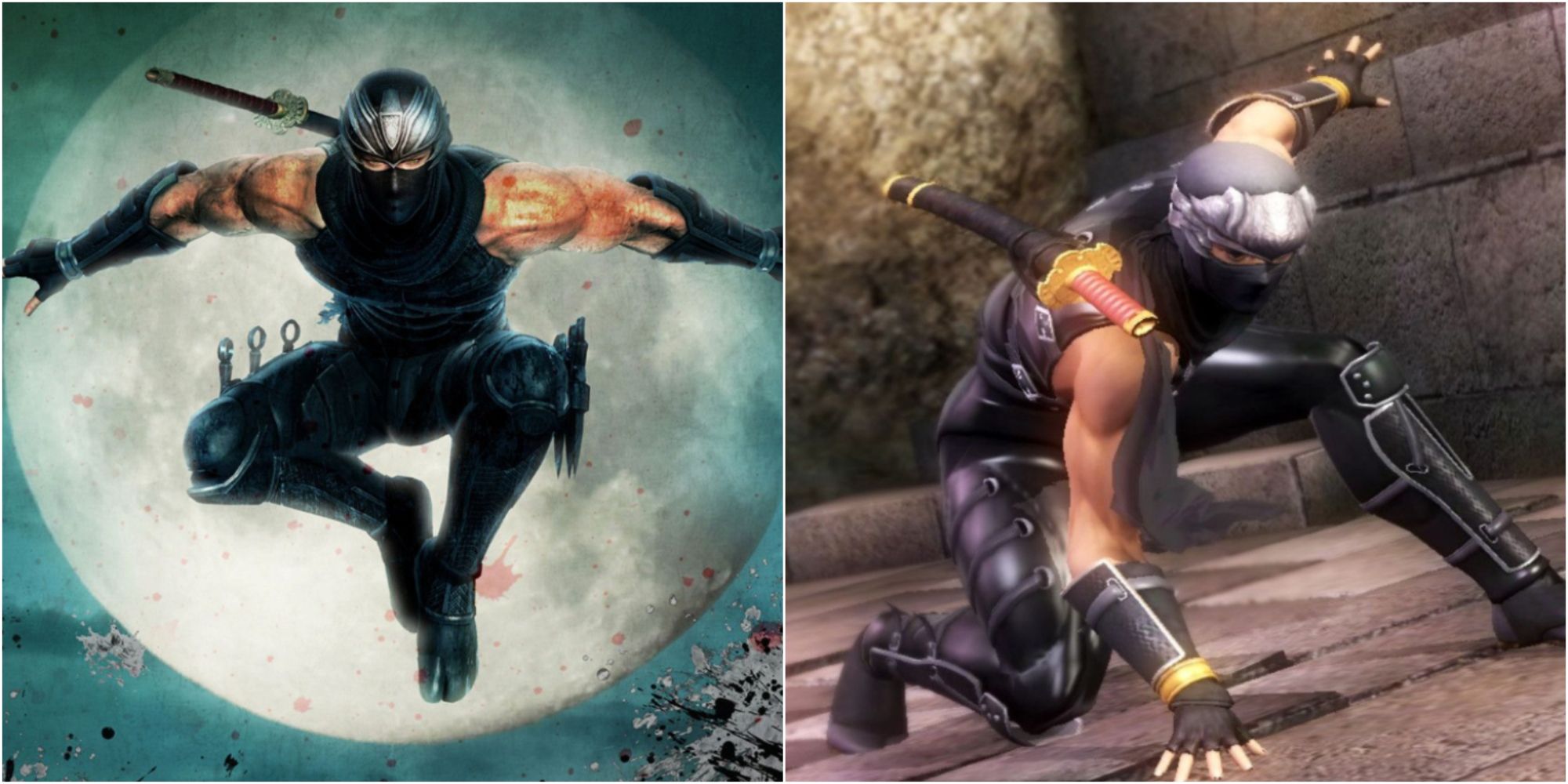 Ninja Gaiden collage of Ryu Hayabusa jumping infront of the moon and sticking the super hero landing