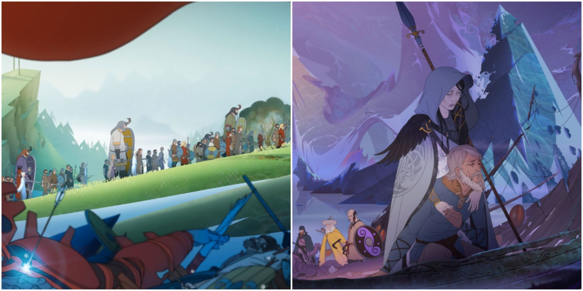 Banner Saga collage of marching caravan and boats