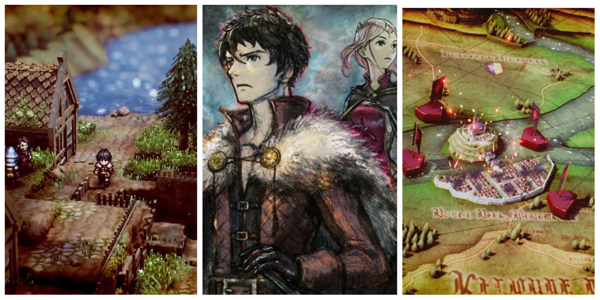 Triangle Strategy Title Collage landscape left, official art middle, world map right