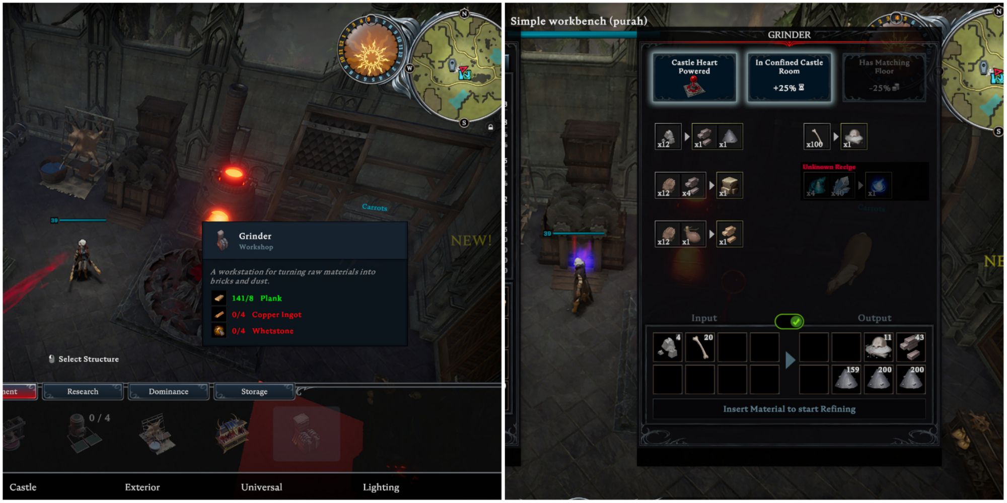 A split image of Grinder construction menu and Grinder menu showing bones and stone turning into crafting materials