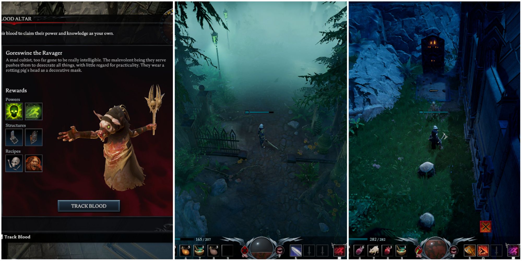 A split image of Goreswine the Ravager in Blood Altar menu, vampire standing in eerie cemetery with sword drawn, and player standing before glowing tomb with axes drawn as skeleton nears
