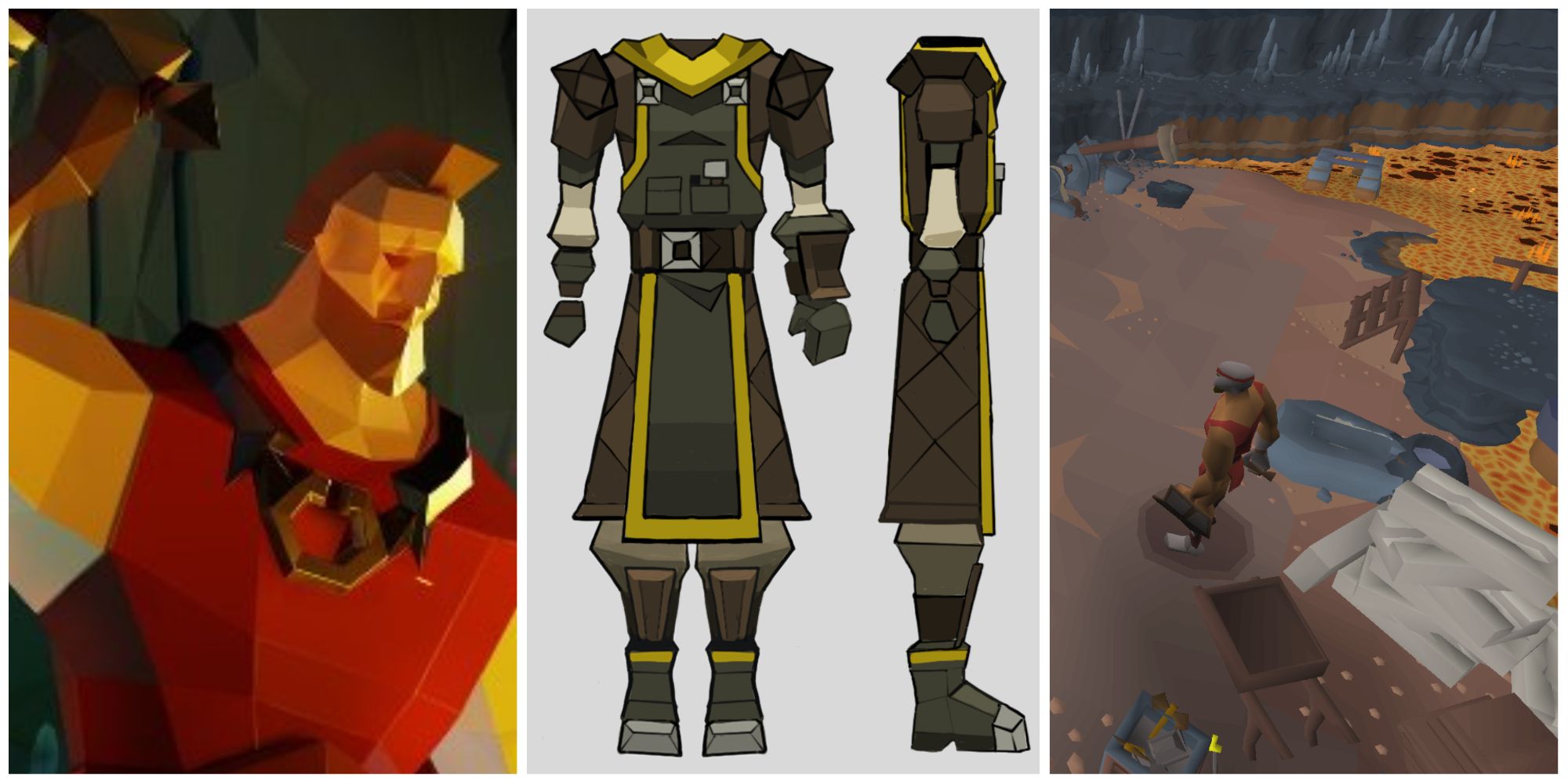 Split feature image featuring a low-poly render of Kovac the Hill Giant, concept art for the Smiths Uniform, and a screenshot of the Giants Foundry