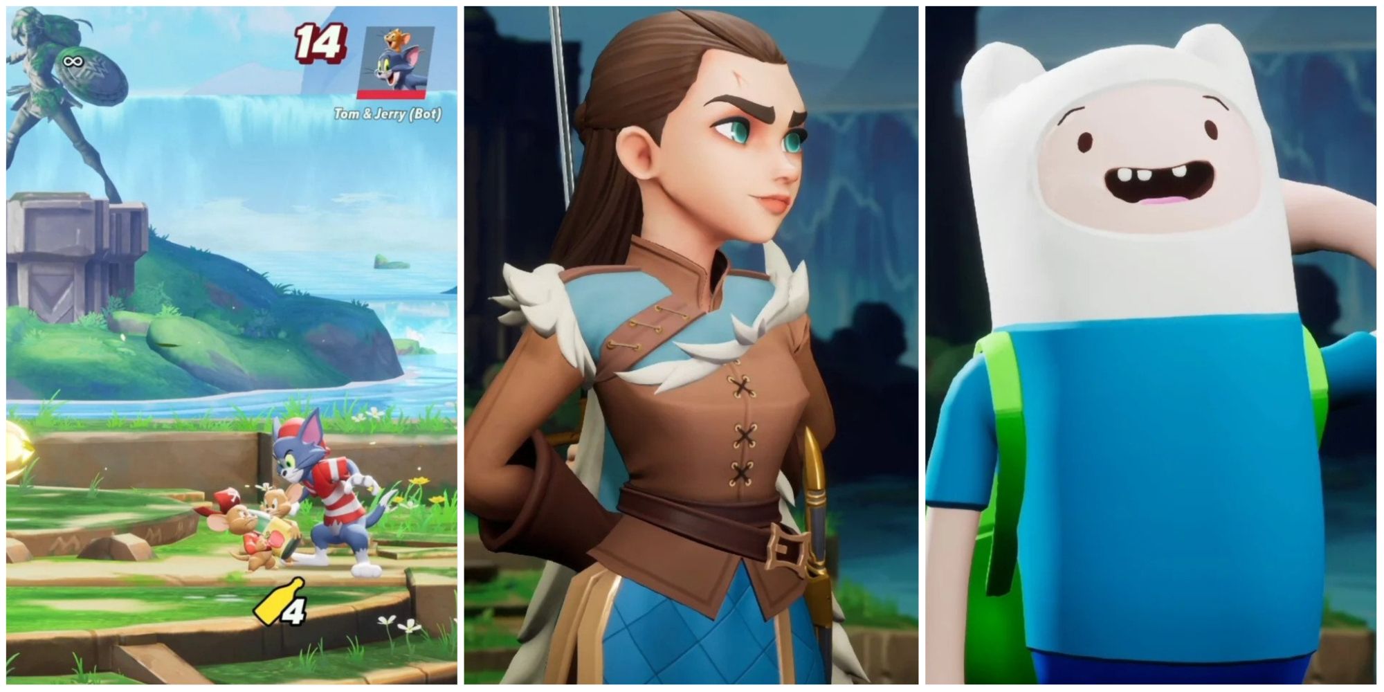 Split Image of MultiVersus Fighters from left to right: Tom and Jerry, Arya, and Finn