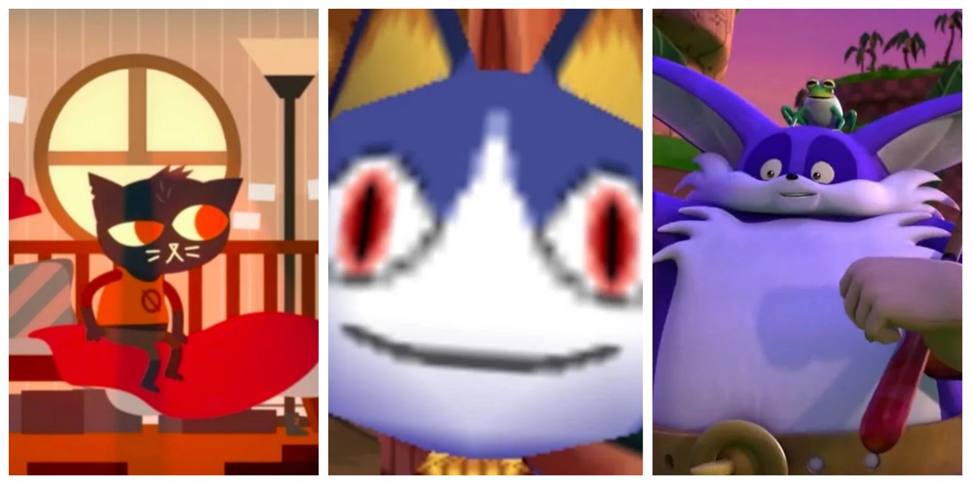 A collage of images of Mae Borowski from Night In The Woods, Rover from Animal Crossing, and Big The Cat from Sonic The Hedgehog