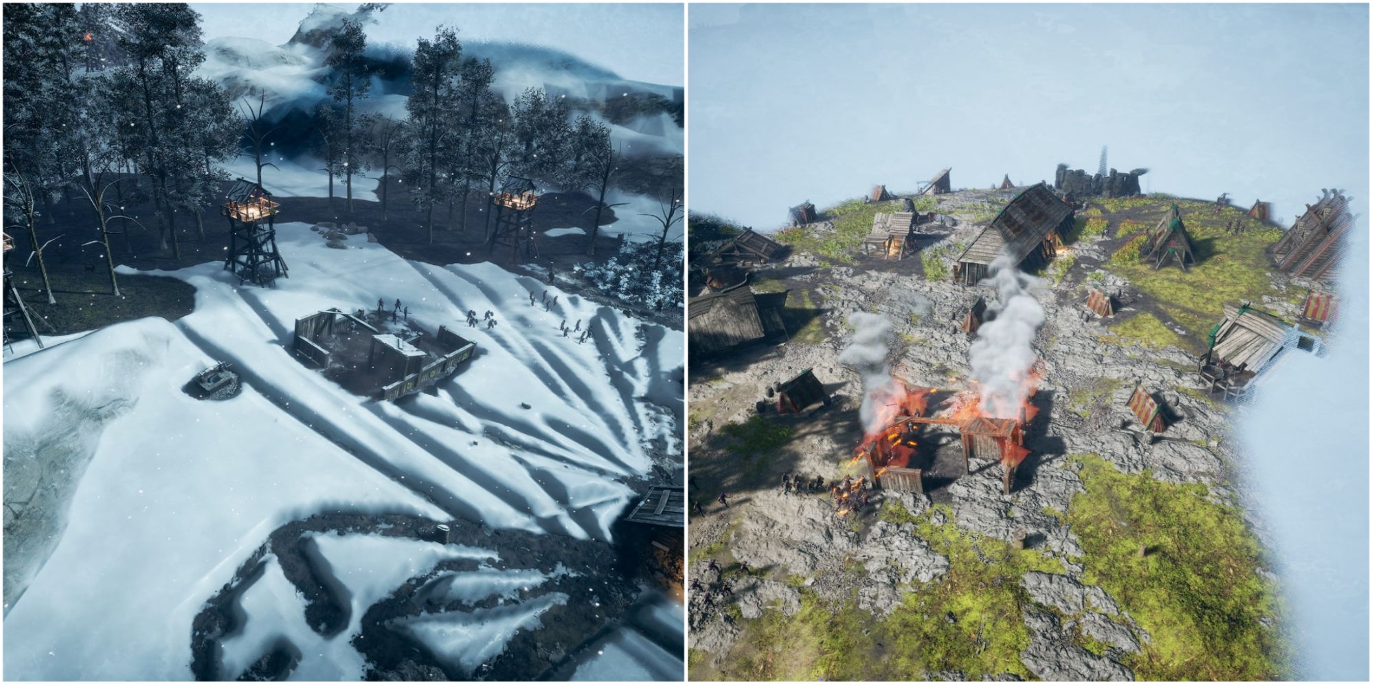 Frozenheim - collage of a defended village, and a village being set on fire