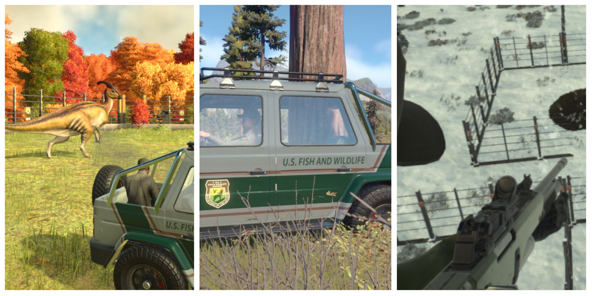 on the left is a jeep near roaming dinosaurs, in the middle is a tree stuck inside of a jeep and on the right is a man aiming a rifle at a dinosaur