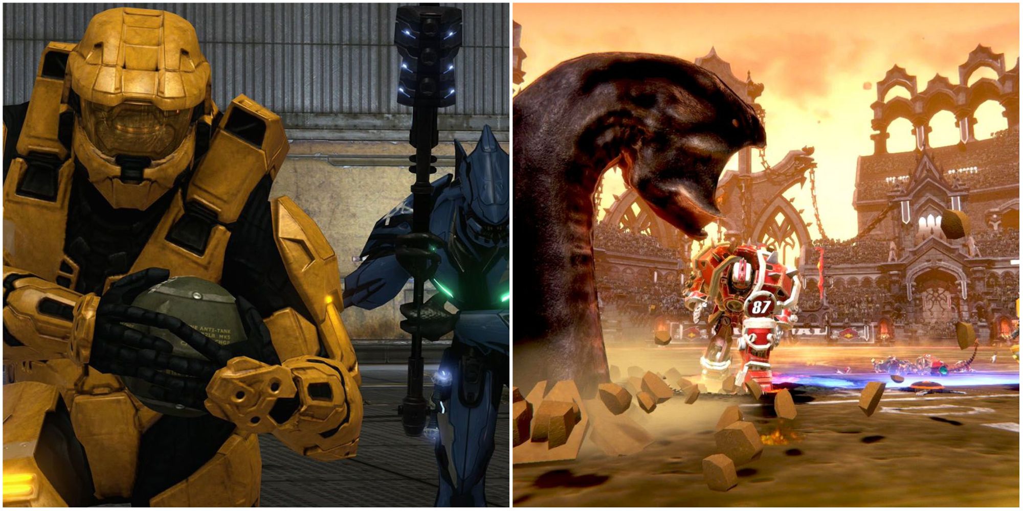 Master Chief playing Grifball and a screenshot of Mutant Football League