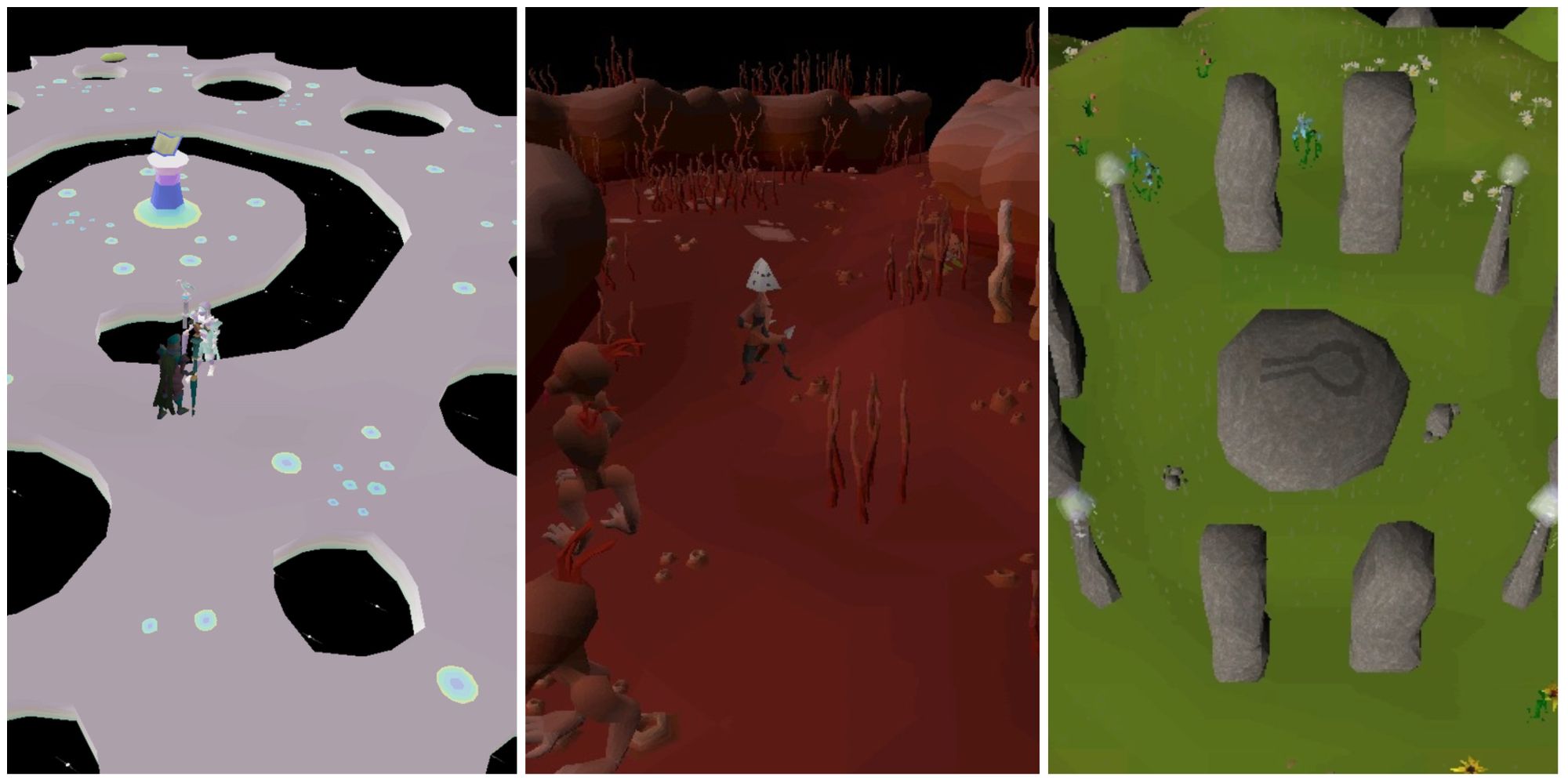 Old School RuneScape split feature image featuring screenshots of the Dream World, the Abyss, and the Nature Altar