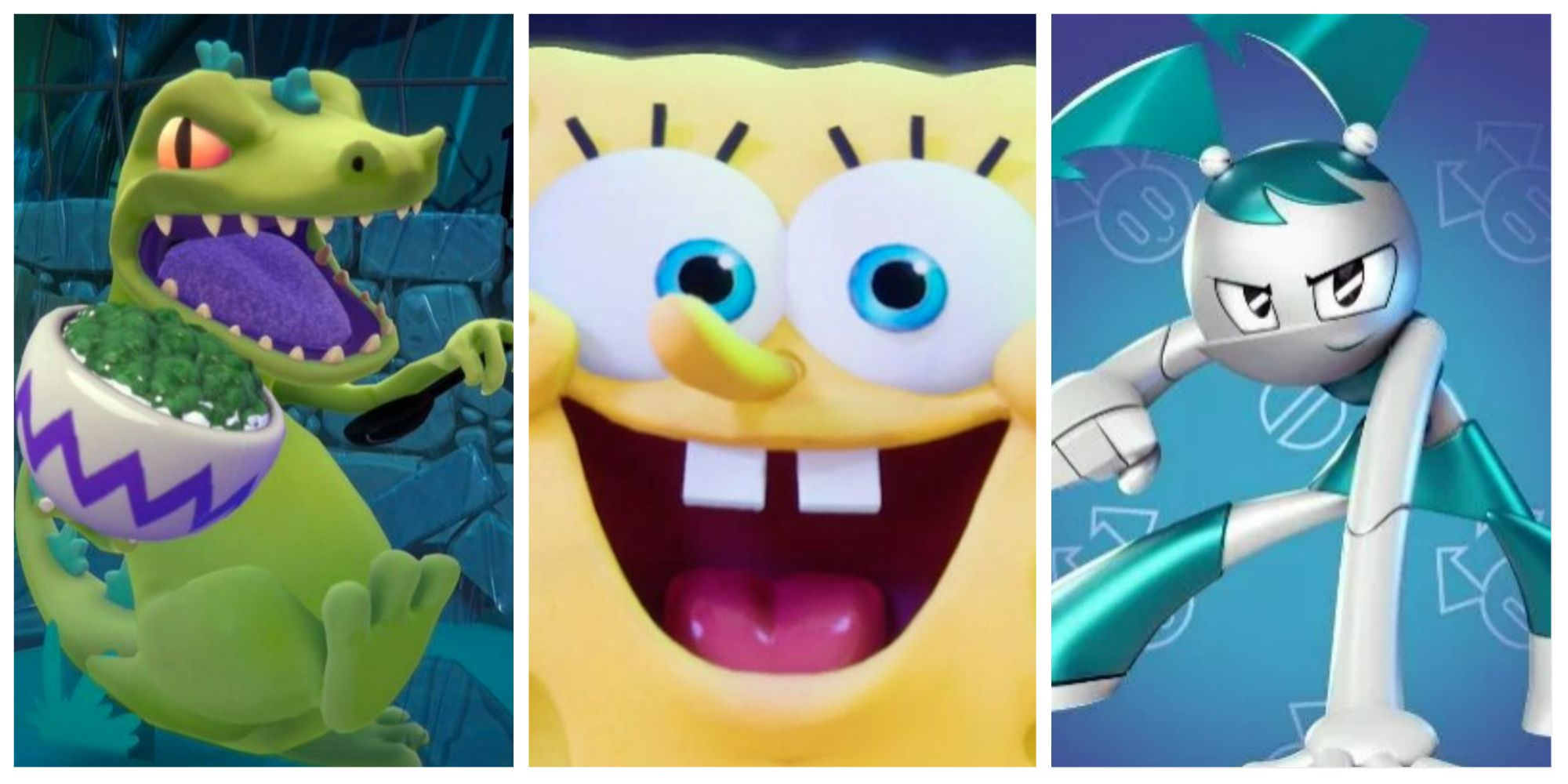 Split image of Reptar, SpongeBob, and Jenny from Nickelodeon All-Star Brawl