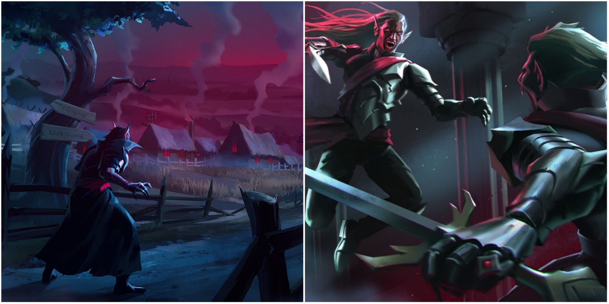 A split image of a vampire approaching a village under a blood moon, and a vampire leaping at another vampire with swords drawn