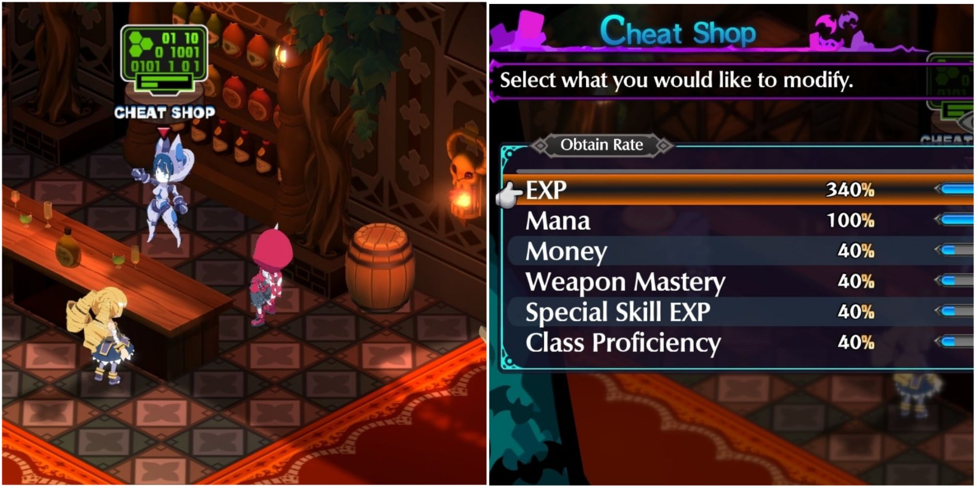 Disgaea 6 - collage of zed approaching Cheat Shop, and the Cheat Shop screen