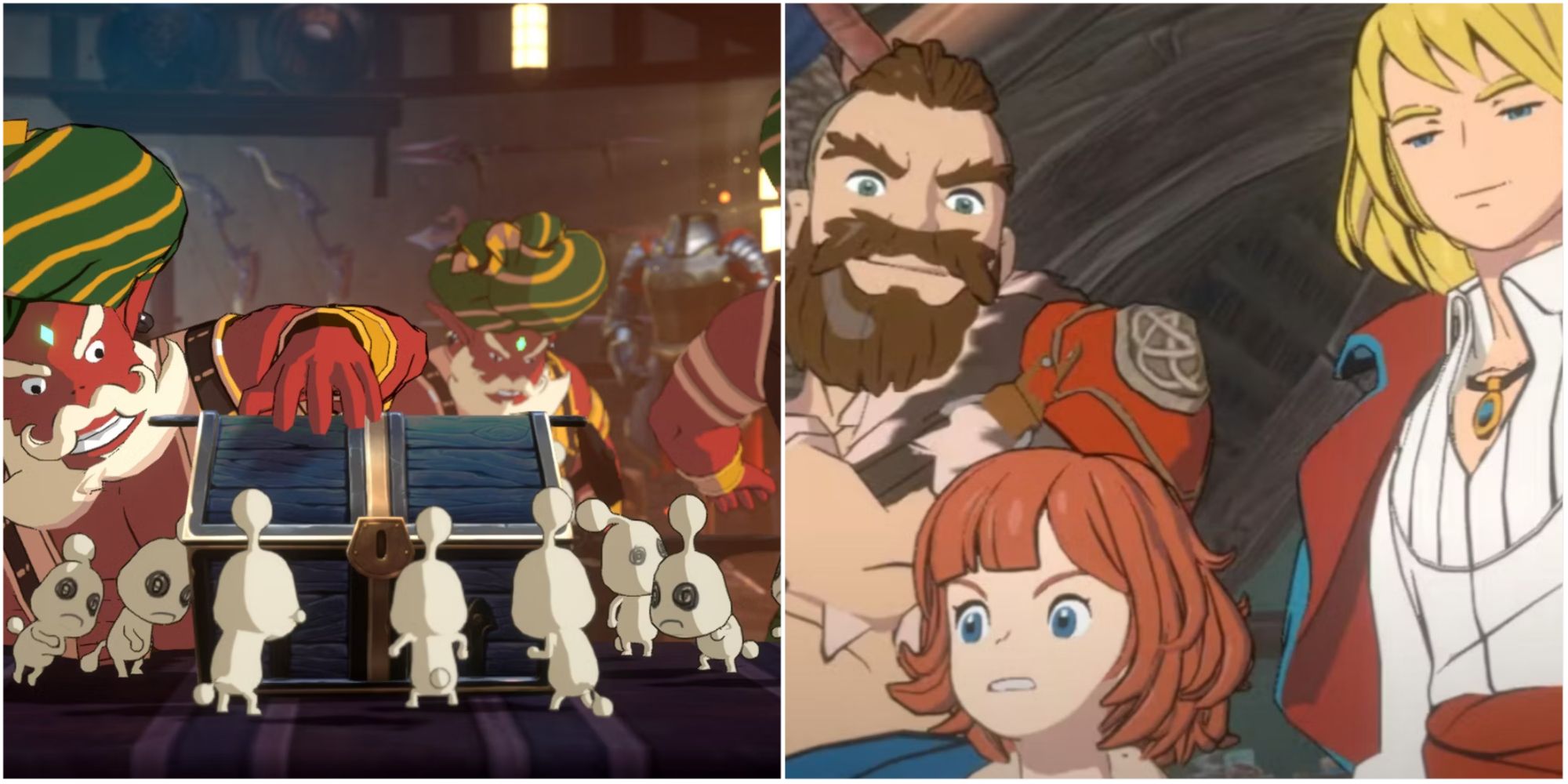 Characters near a chest on the left and three main characters on the right.