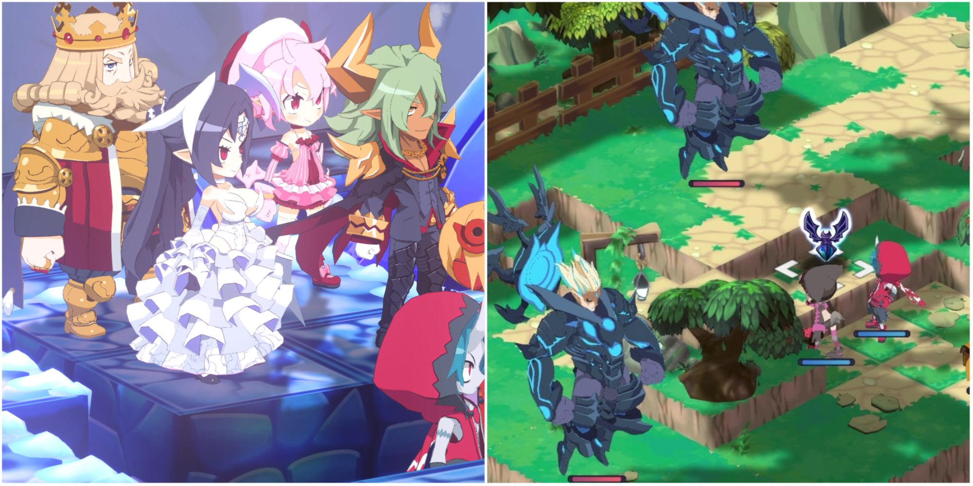Disgaea 6 - collage of main characters and Bell Of Blessing grind map