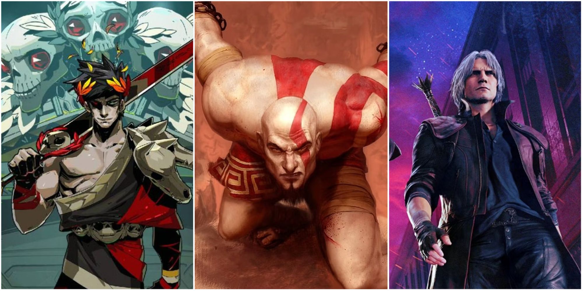 Collage of Hades' Zagreus, God of War's Kratos and Devil May Cry's Dante