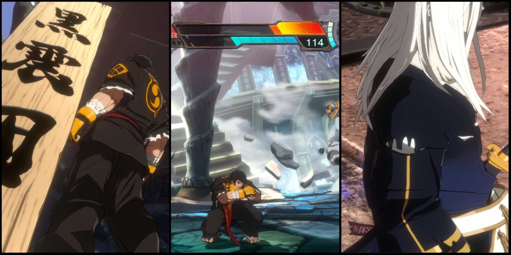 A split image of Grappler near wooden on the left, Grappler blocking in the middle, and Ghostblade profile on the right.