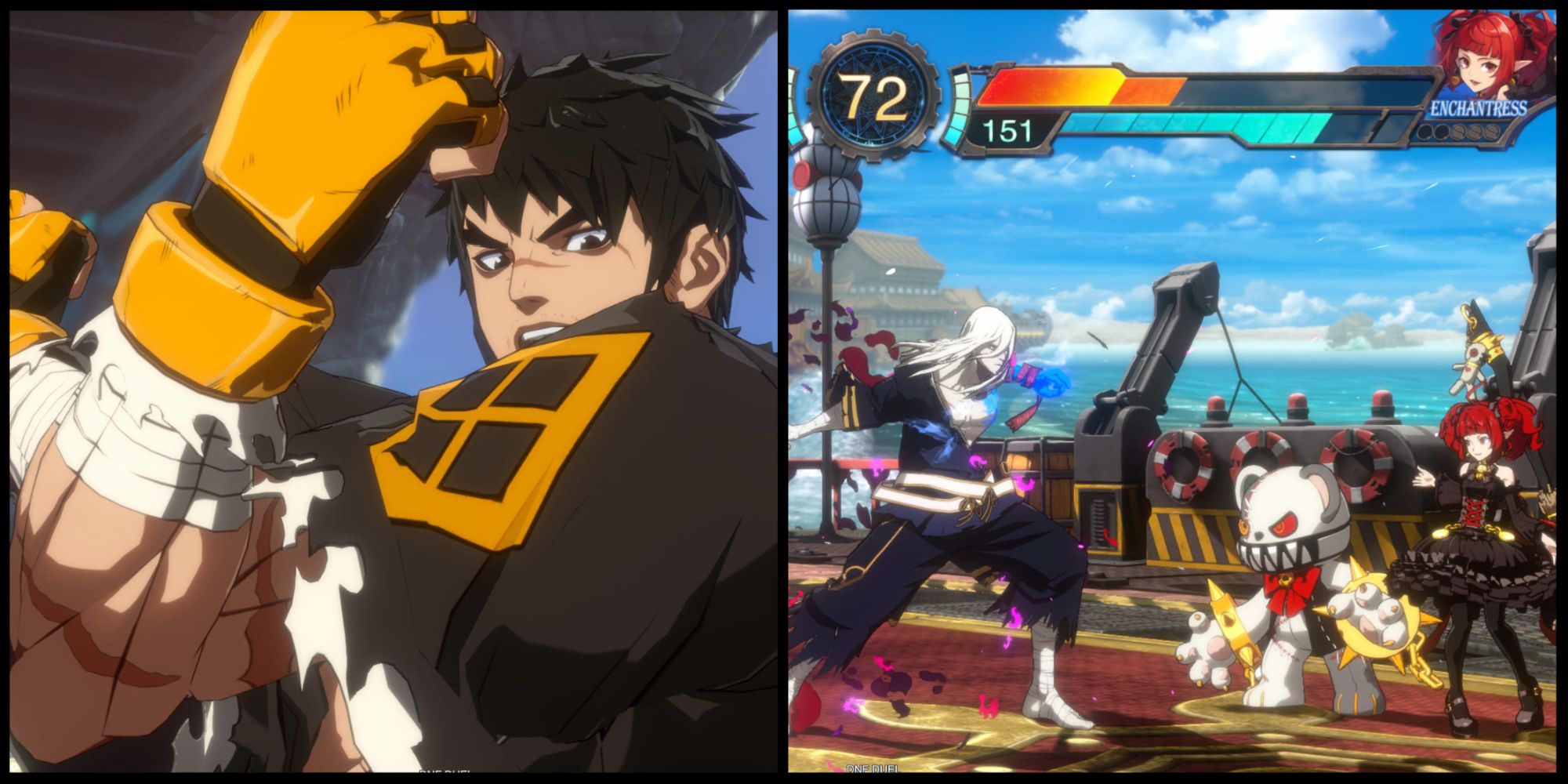 A split image of Grappler relaxing his muscles on the left and Ghostblade fighting Enchantress on the right.