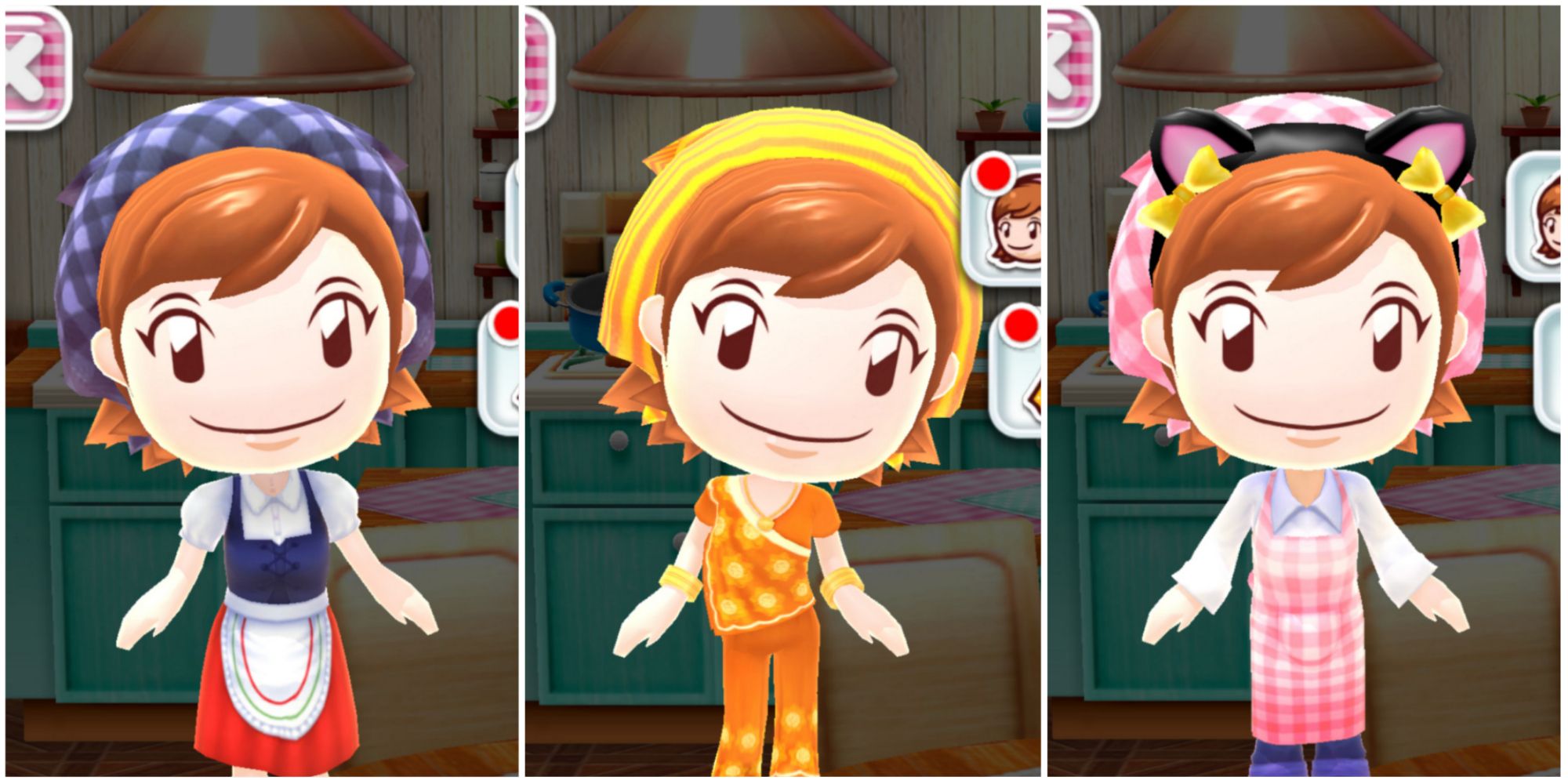 A split image of Cooking Mama wearing a peasant dress, wearing a saree pant suit, and wearing a pink apron and black cat ears